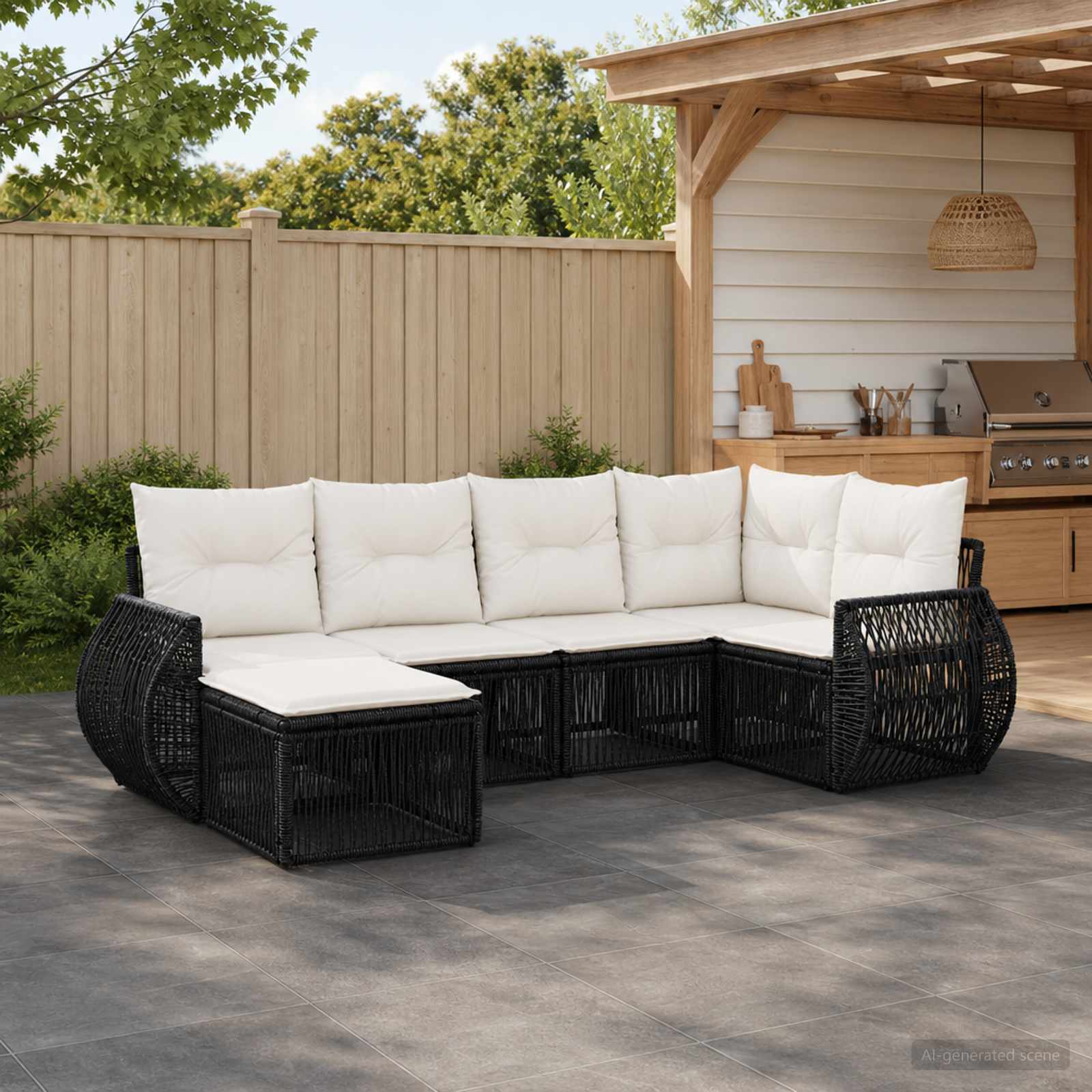 Set Divano da Giardino 6 pz Nero e Bianco Crema polyrattan