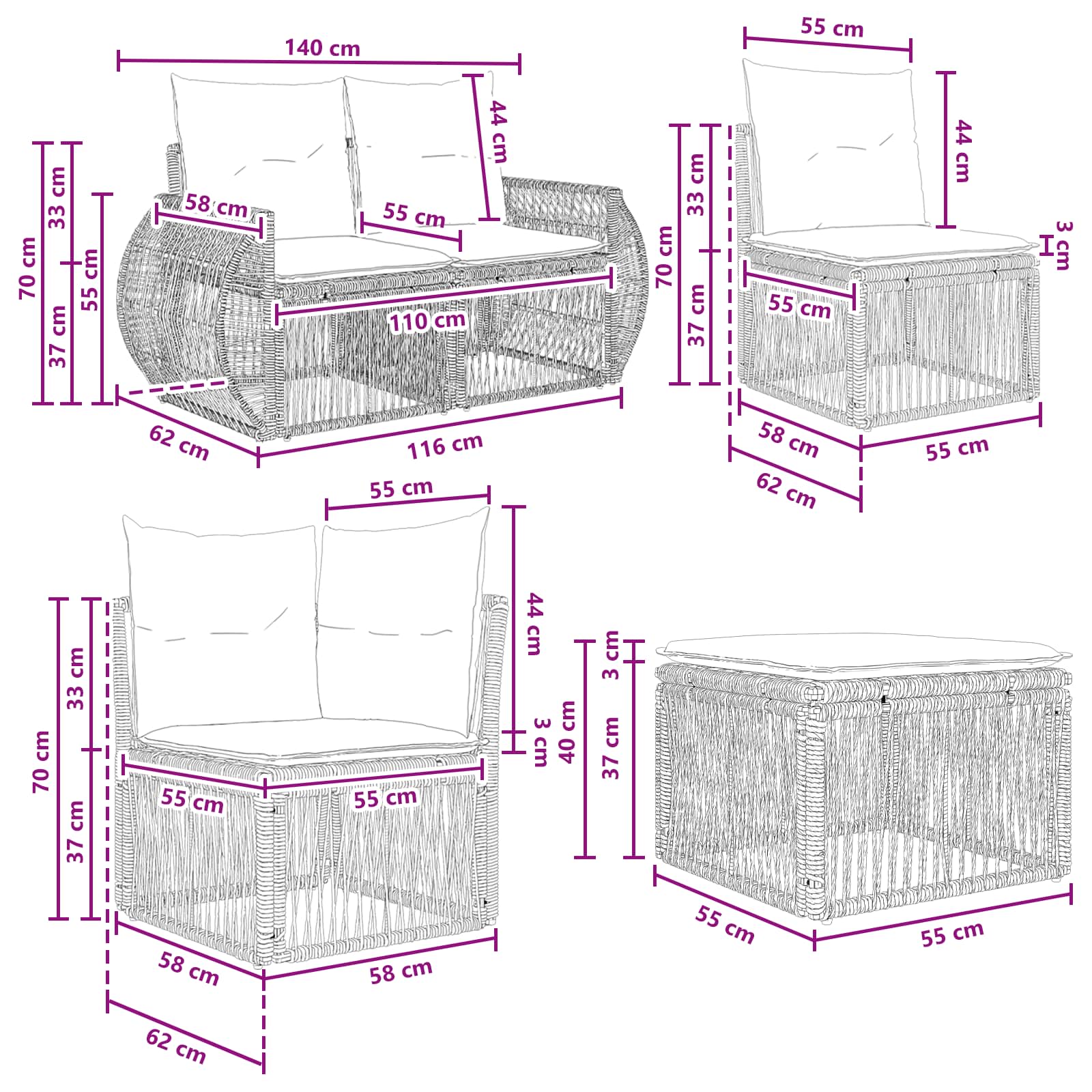 Set Divano da Giardino 6 pz Grigio e Grigio Scuro polyrattan