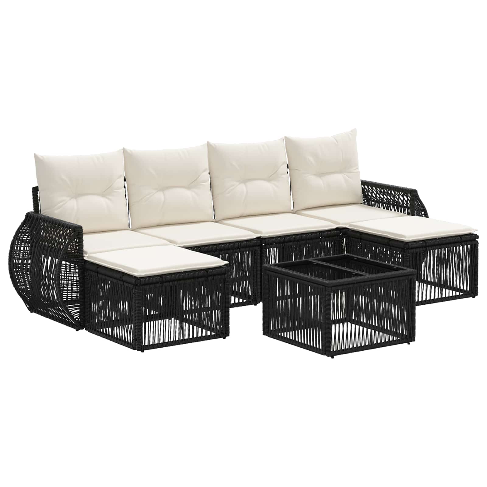 Set Divano da Giardino 7 pz Nero e Bianco Crema polyrattan