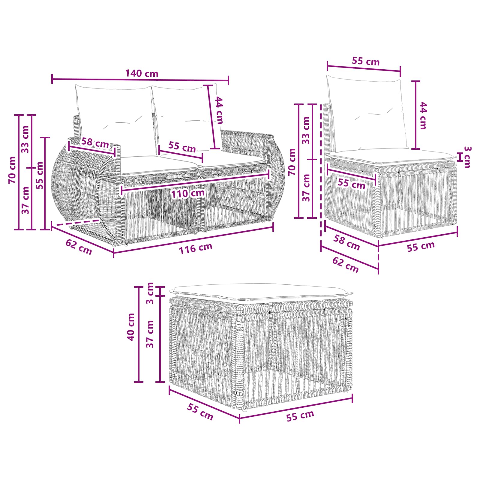 Set Divano da Giardino 7 pz Nero e Bianco Crema polyrattan