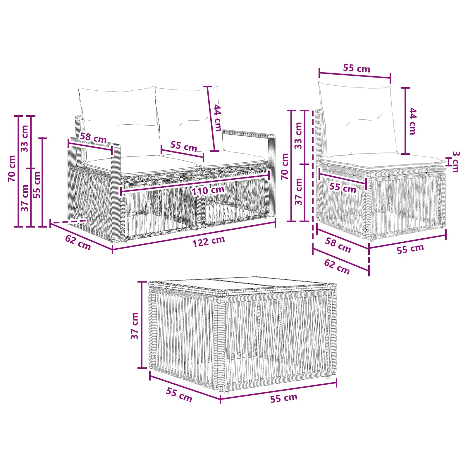 Set Divano da Giardino 8 pz Nero polyrattan