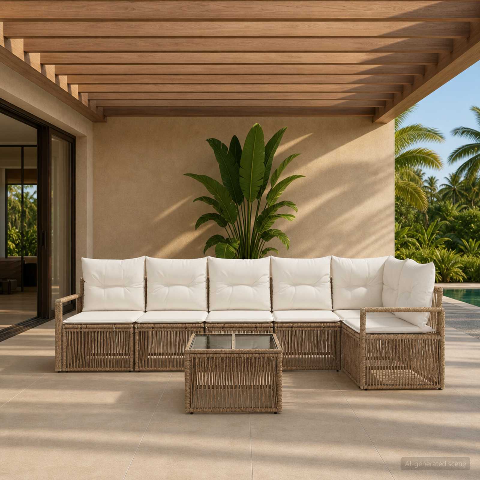 Set Divano da Giardino 7 pz Beige polyrattan