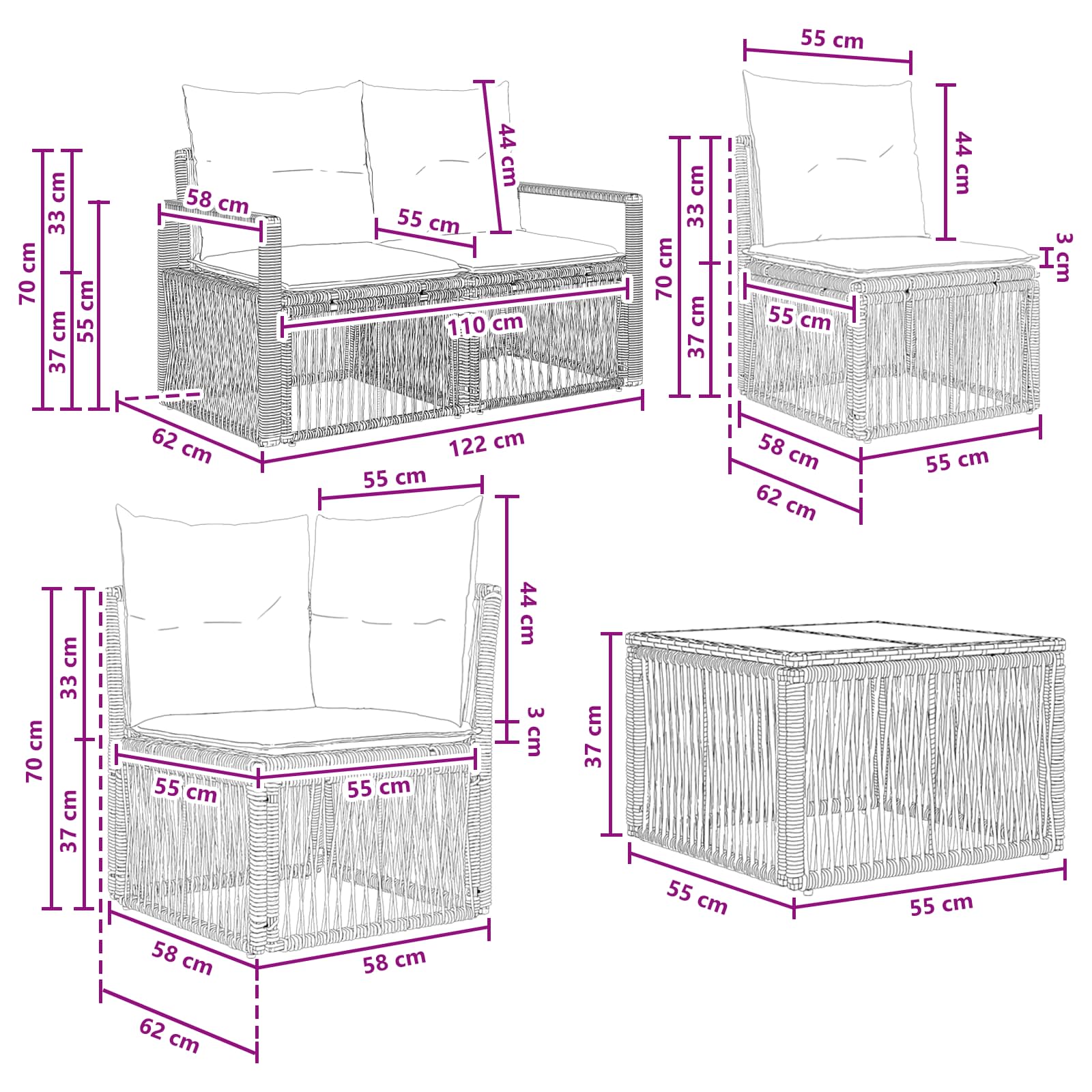 Set Divano da Giardino 7 pz Beige polyrattan