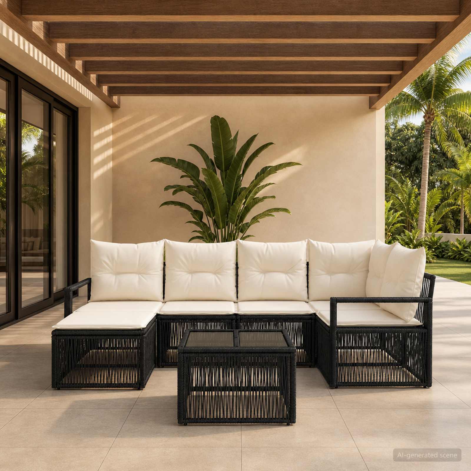 Set Divano da Giardino 7 pz Nero polyrattan