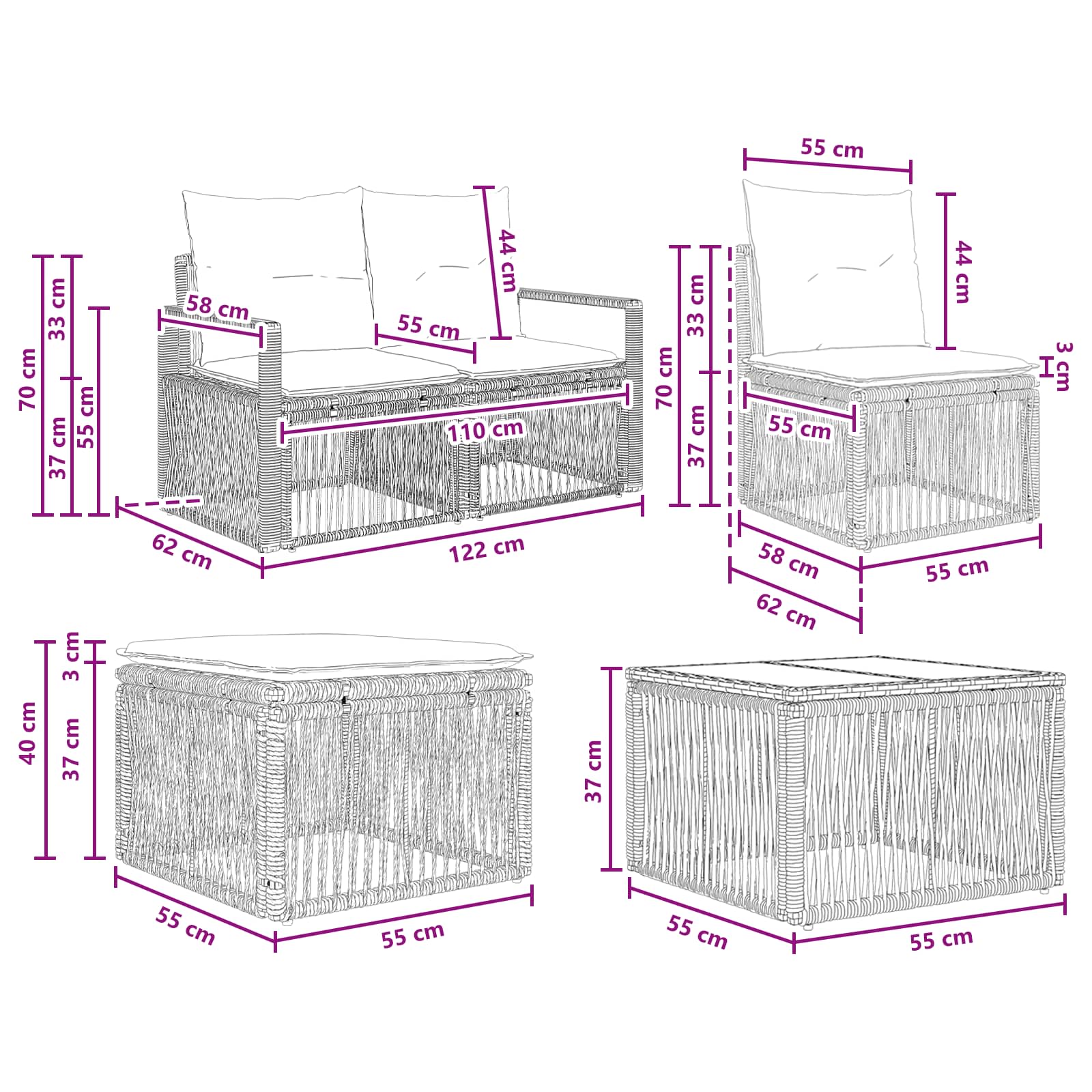 Set Divano da Giardino 7 pz Nero polyrattan