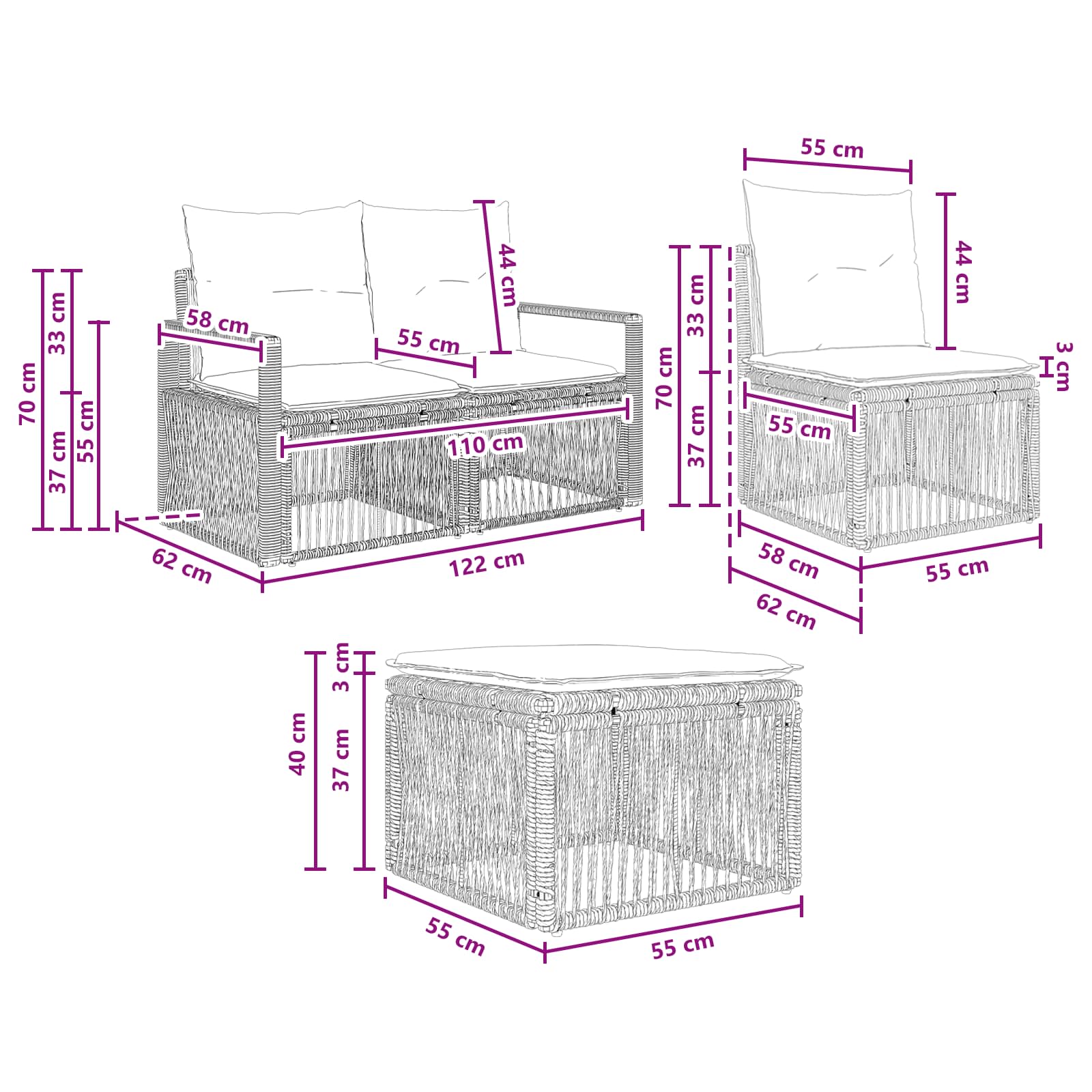 Set Divano da Giardino 7 pz Nero polyrattan