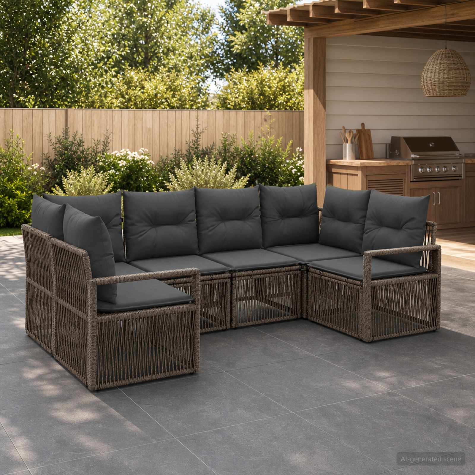 Set Divano da Giardino 6 pz 6-Numero di posti Grigio polyrattan