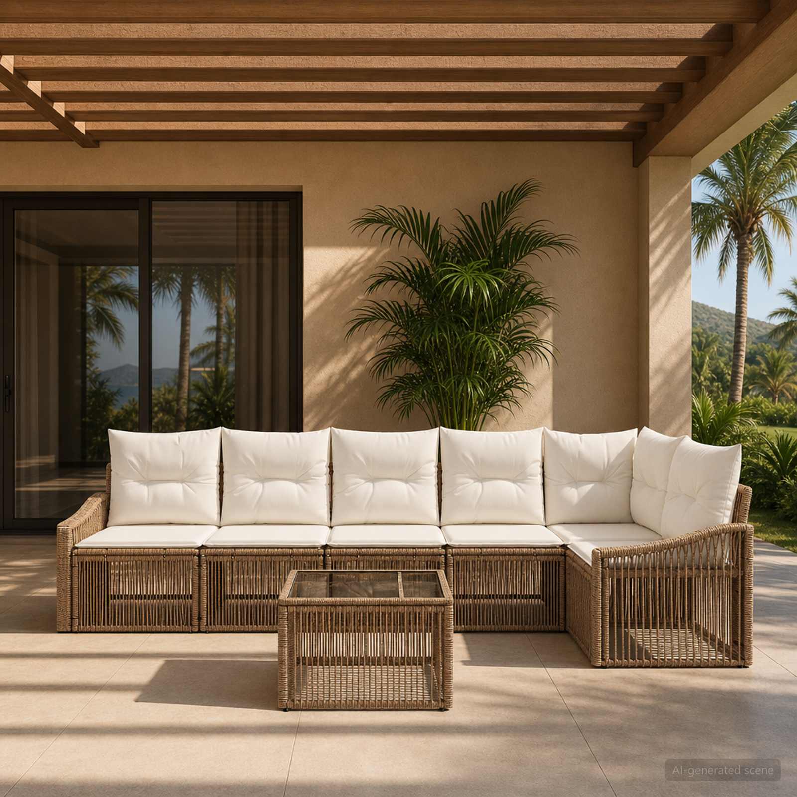 Set Divano da Giardino 7 pz Beige polyrattan