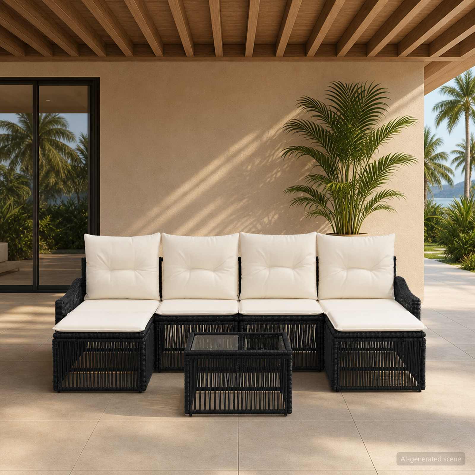Set Divano da Giardino 7 pz Nero polyrattan