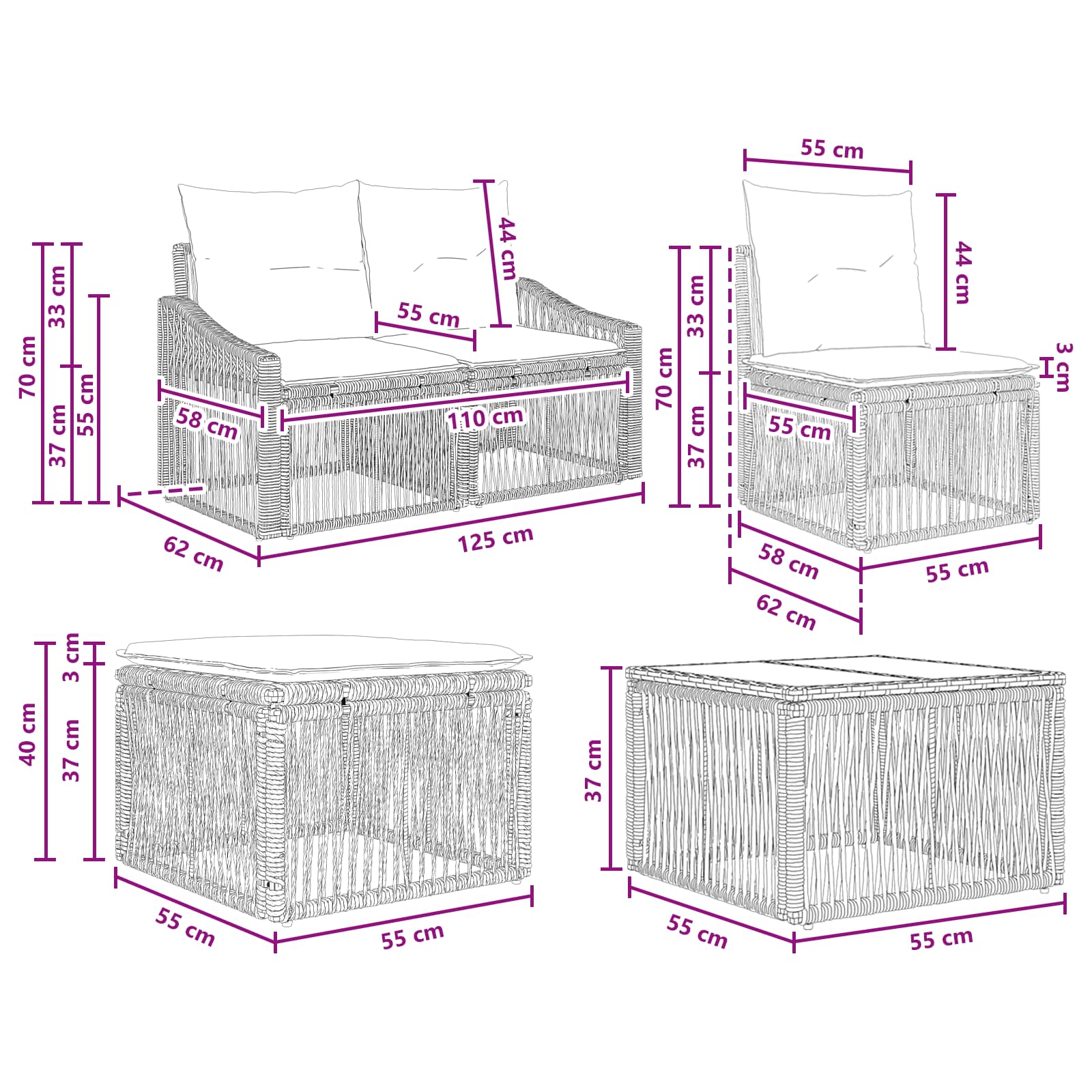 Set Divano da Giardino 7 pz Grigio polyrattan