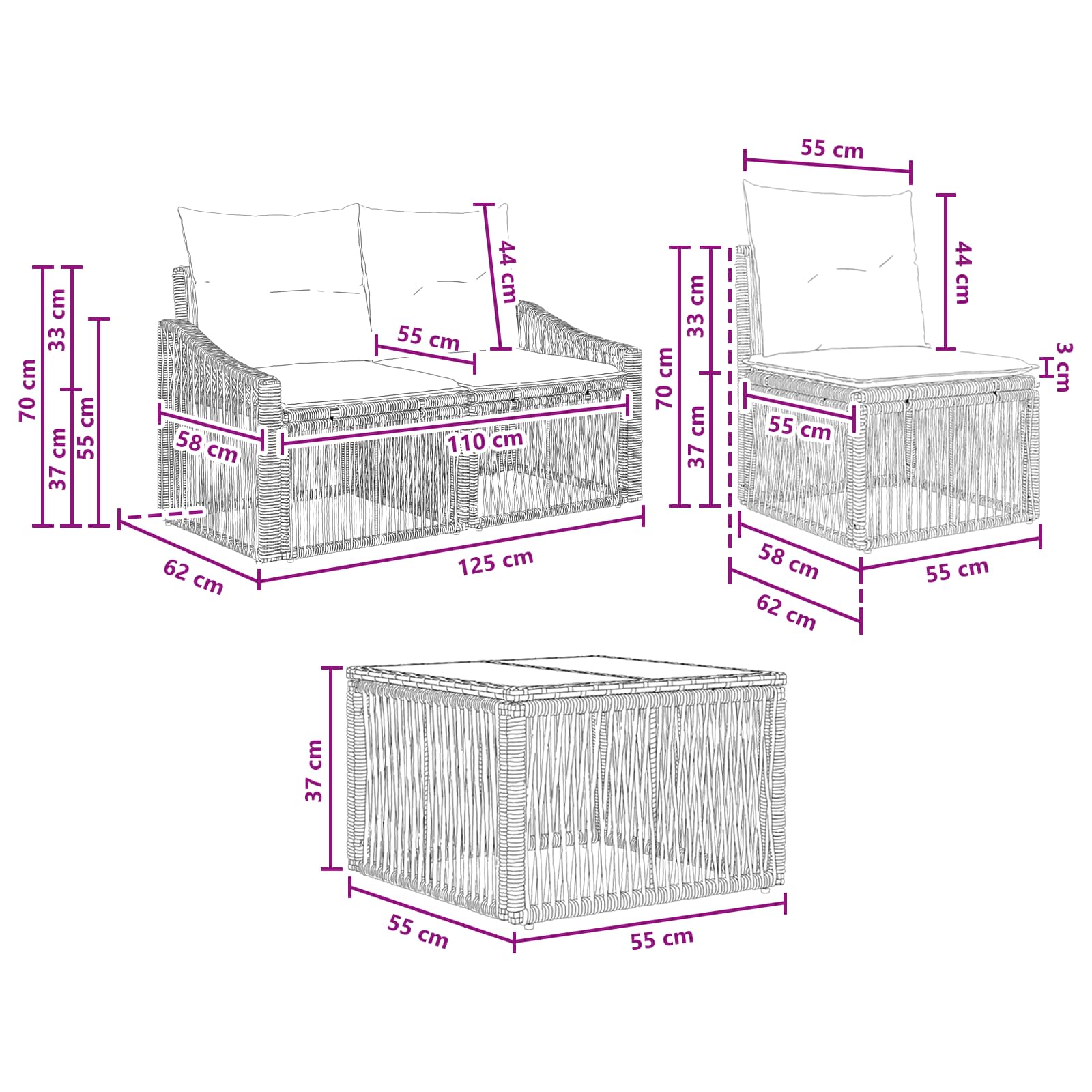Set Divano da Giardino 7 pz Nero polyrattan