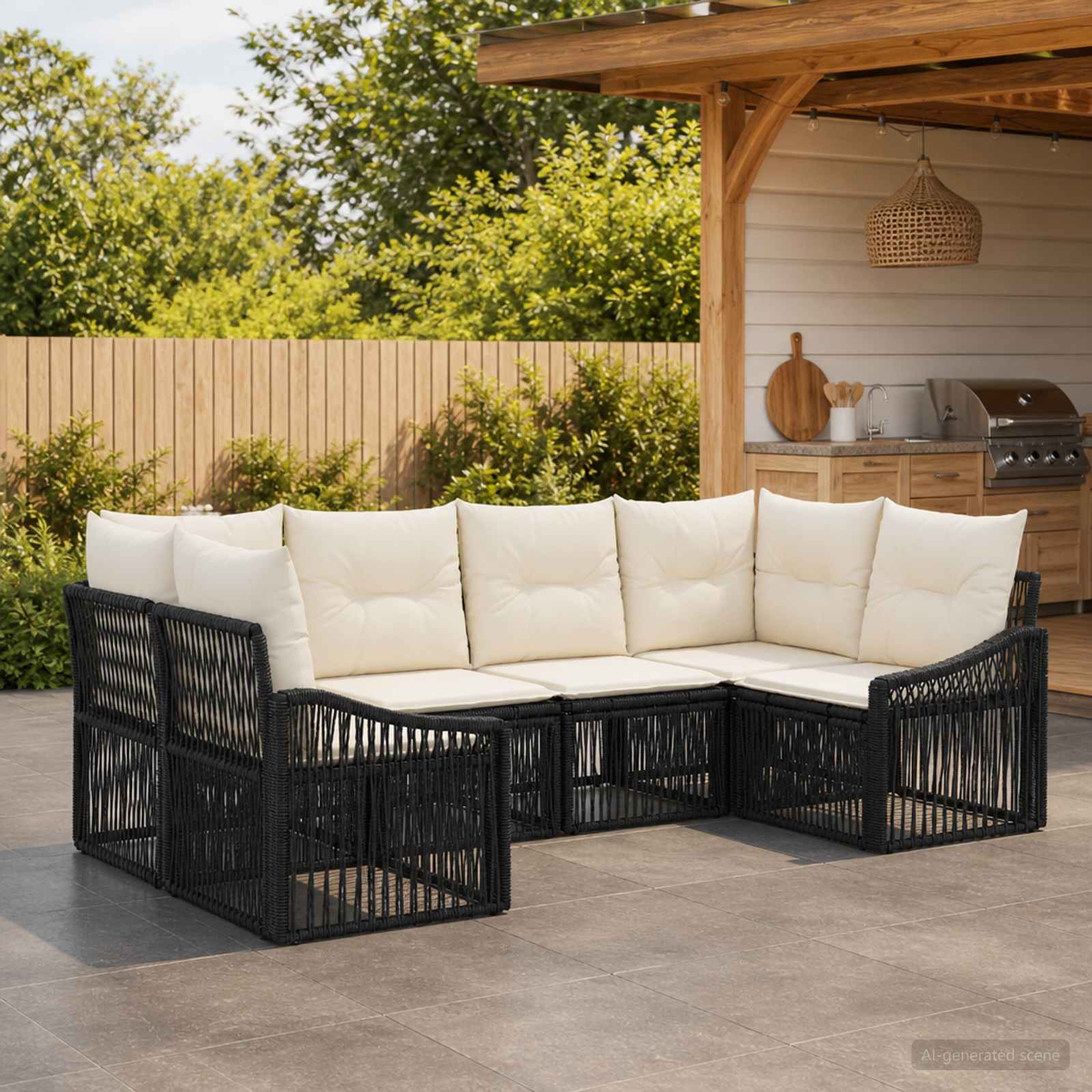 Set Divano da Giardino 6 pz 6-Numero di posti Nero polyrattan