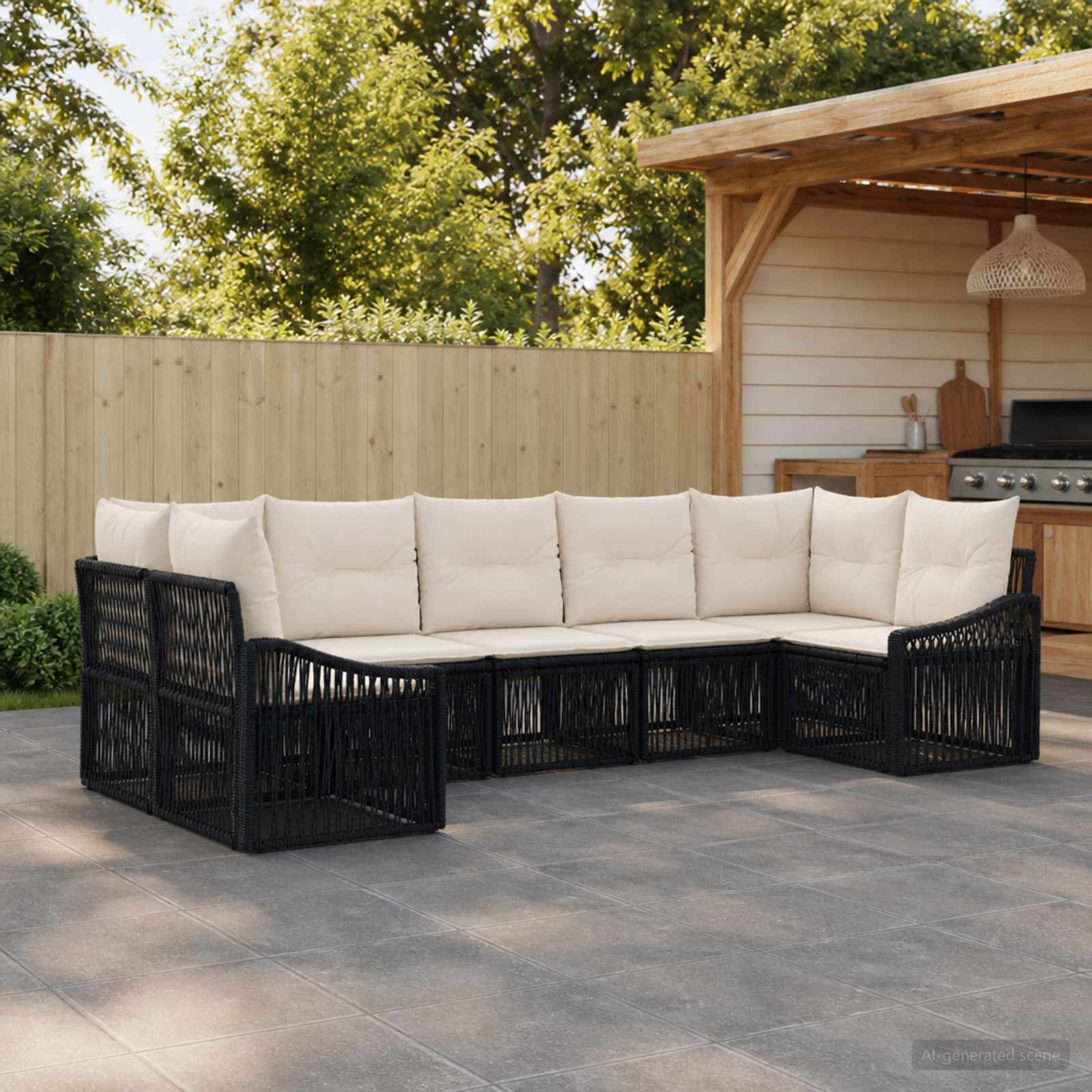 Set Divano da Giardino 7 pz 7-Numero di posti Nero polyrattan
