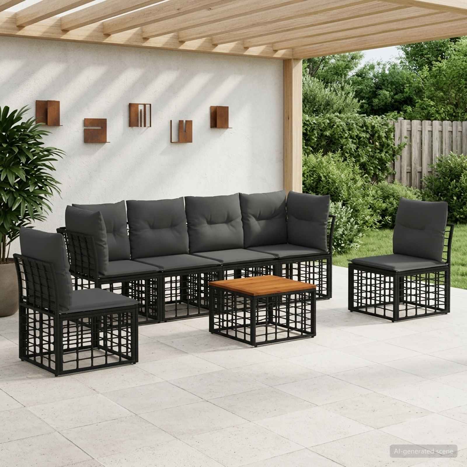 Set di divani da esterno 7 pz Nero e Grigio scuro Poliestere