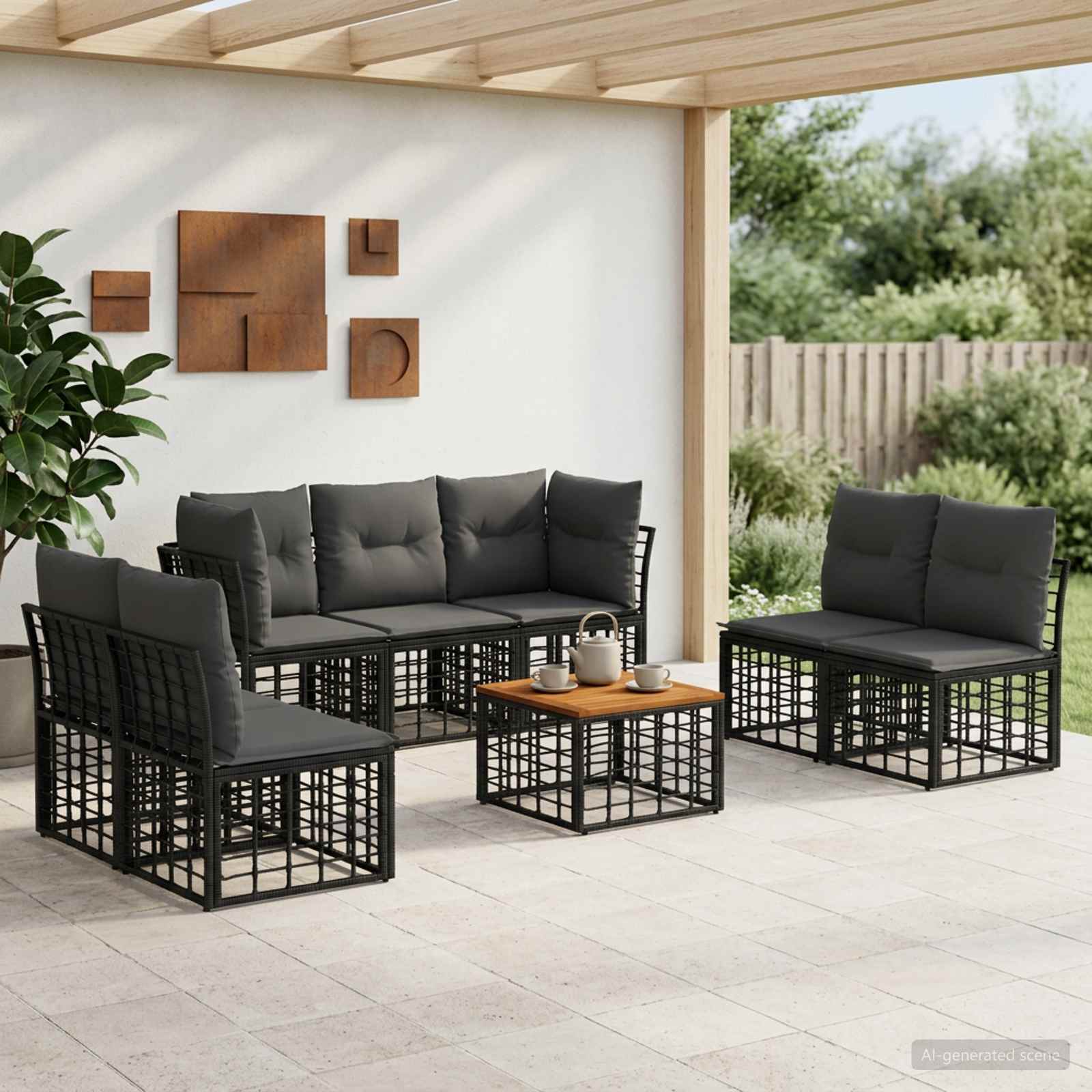 Set di divani da esterno 8 pz Nero e Grigio scuro Poliestere