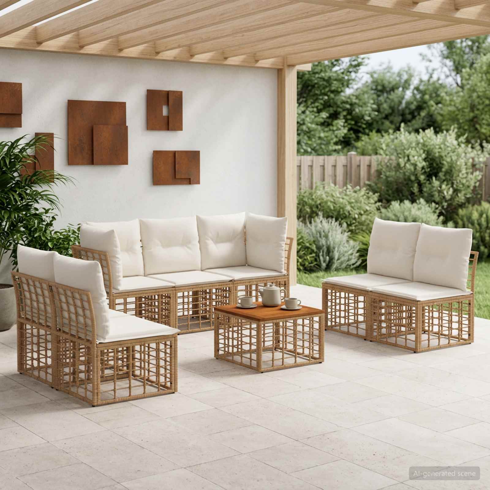 Set di divani da esterno 8 pz Naturale e Bianco Crema
