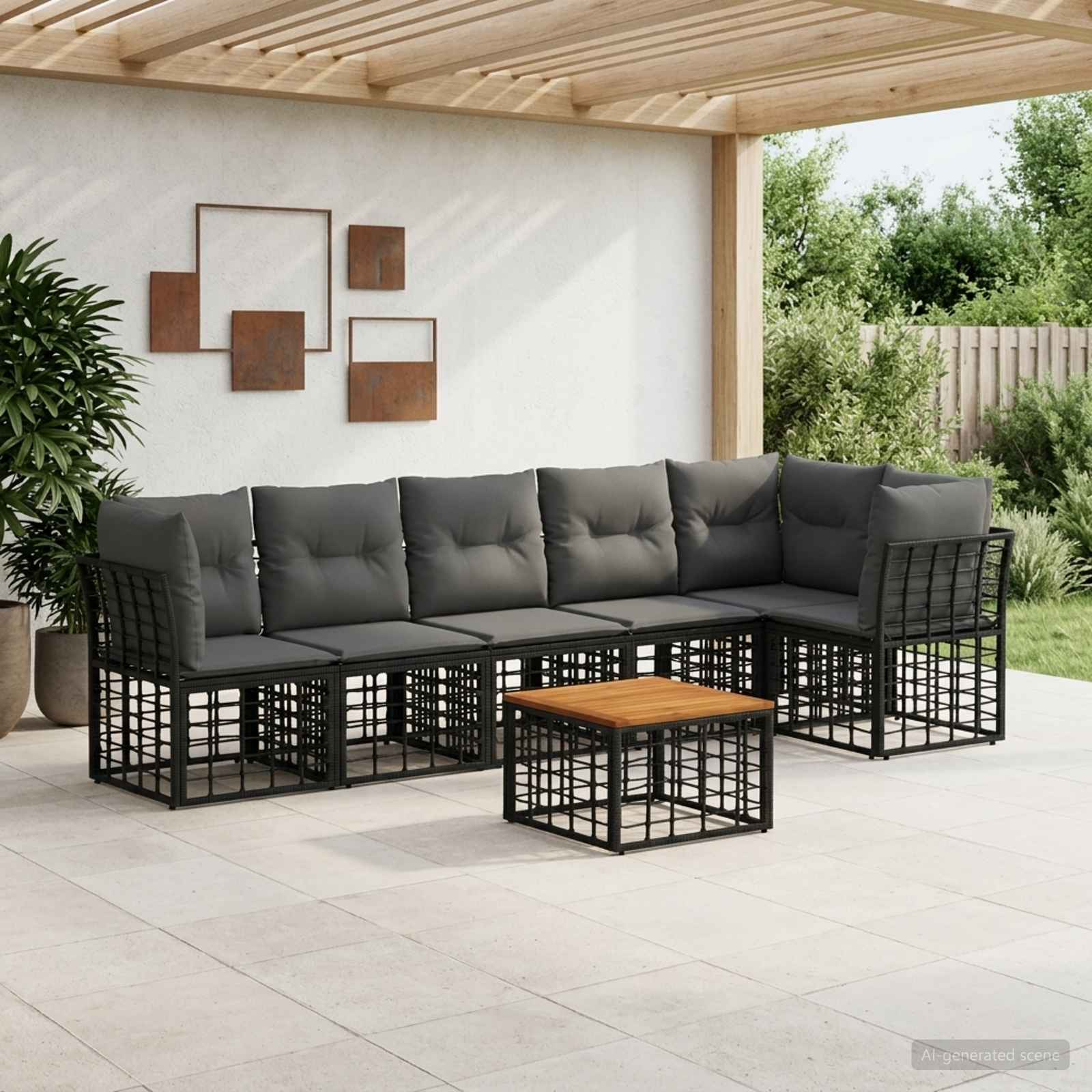 Set Divano da Giardino 7 pz Nero e Grigio scuro polyrattan