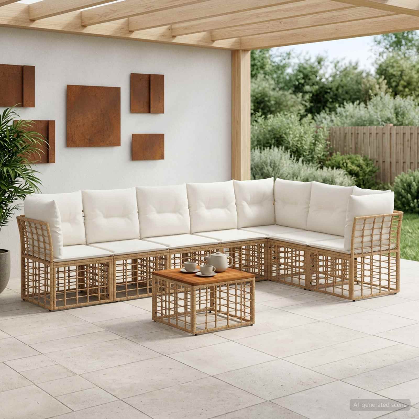 Set di divani da esterno 8 pz Naturale e Bianco Crema