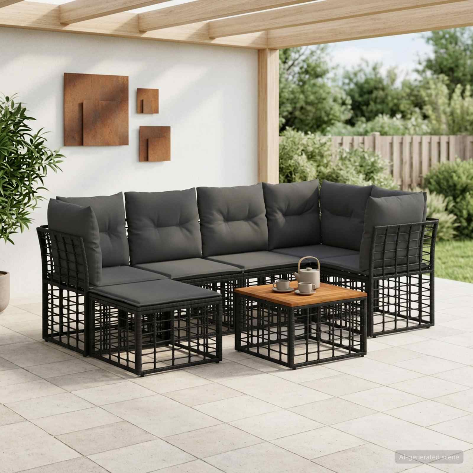 Set di divani da esterno 7 pz Nero e Grigio scuro Poliestere