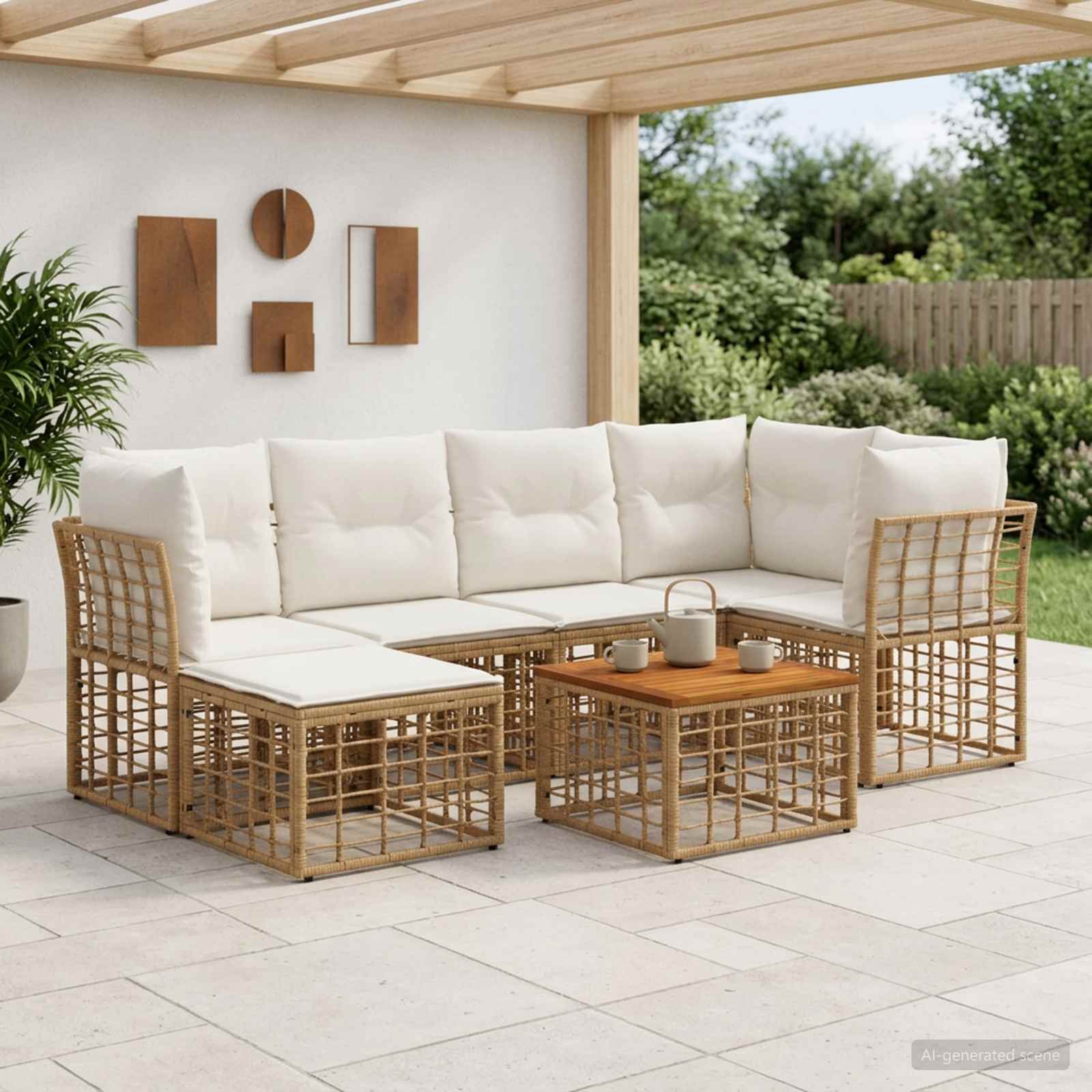 Set di divani da esterno 7 pz Naturale e Bianco Crema