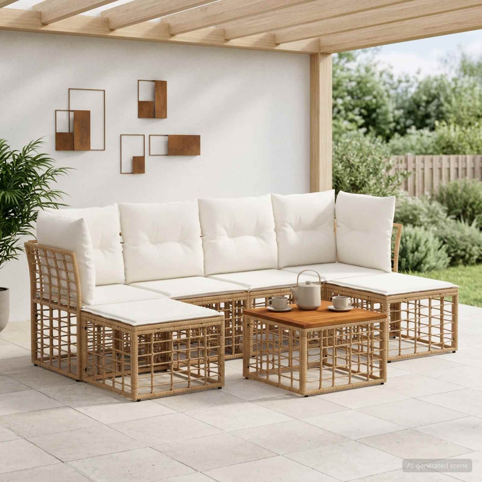 Set di divani da esterno 7 pz Naturale e Bianco Crema