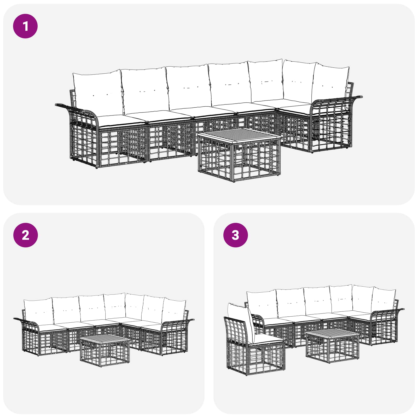 Set di divani da esterno 7 pz Nero e Grigio scuro Poliestere