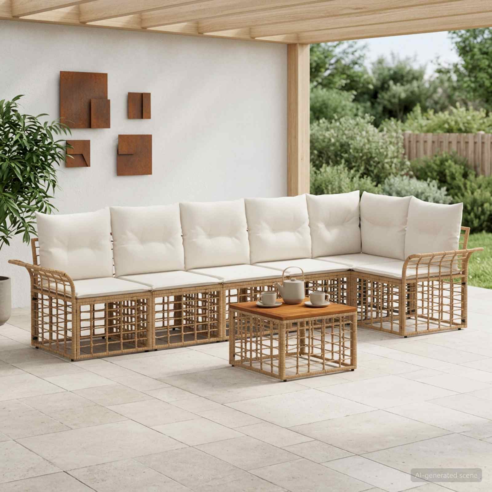 Set di divani da esterno 7 pz 6-Posti Naturale e Bianco Crema