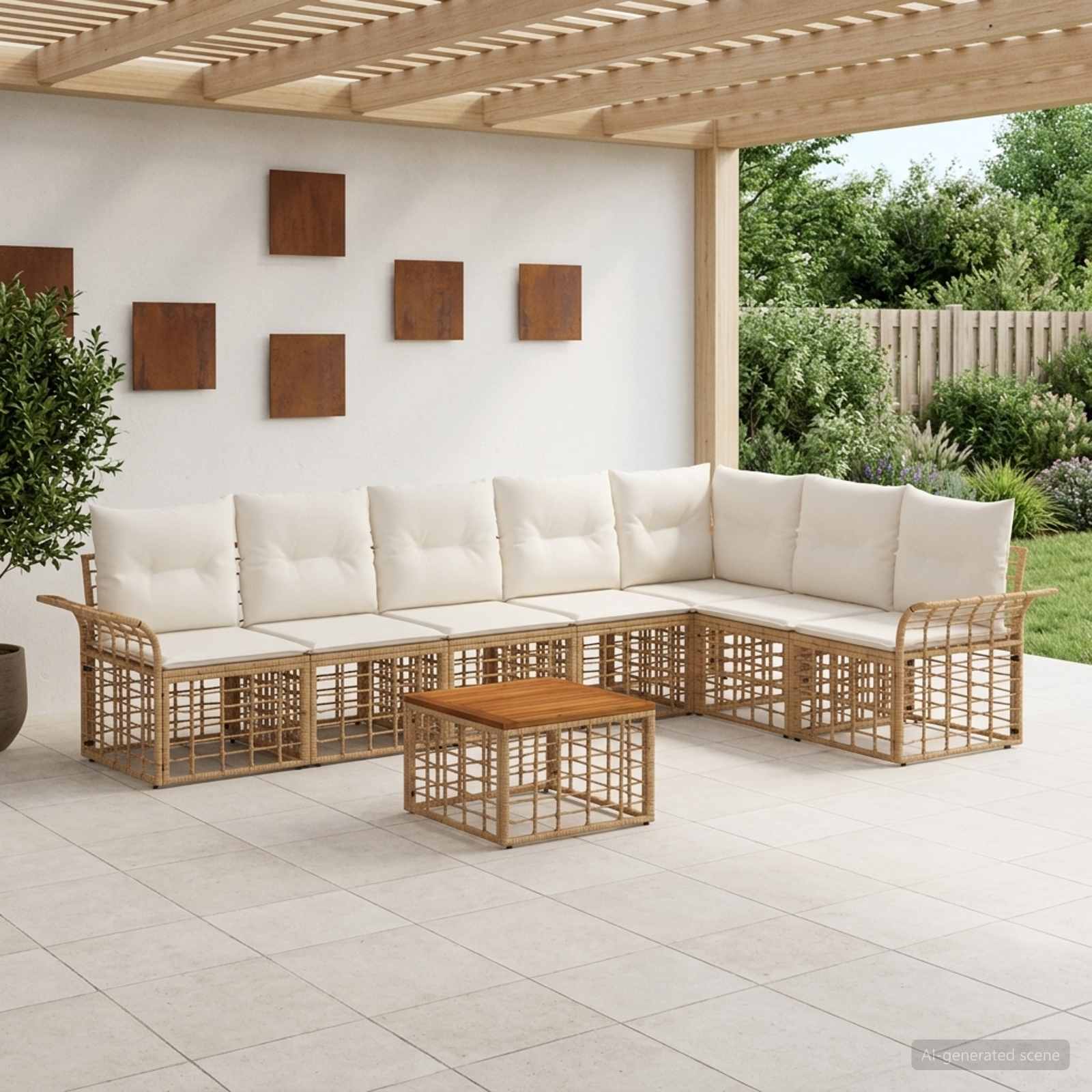 Set di divani da esterno 8 pz 7-Posti Naturale e Bianco Crema