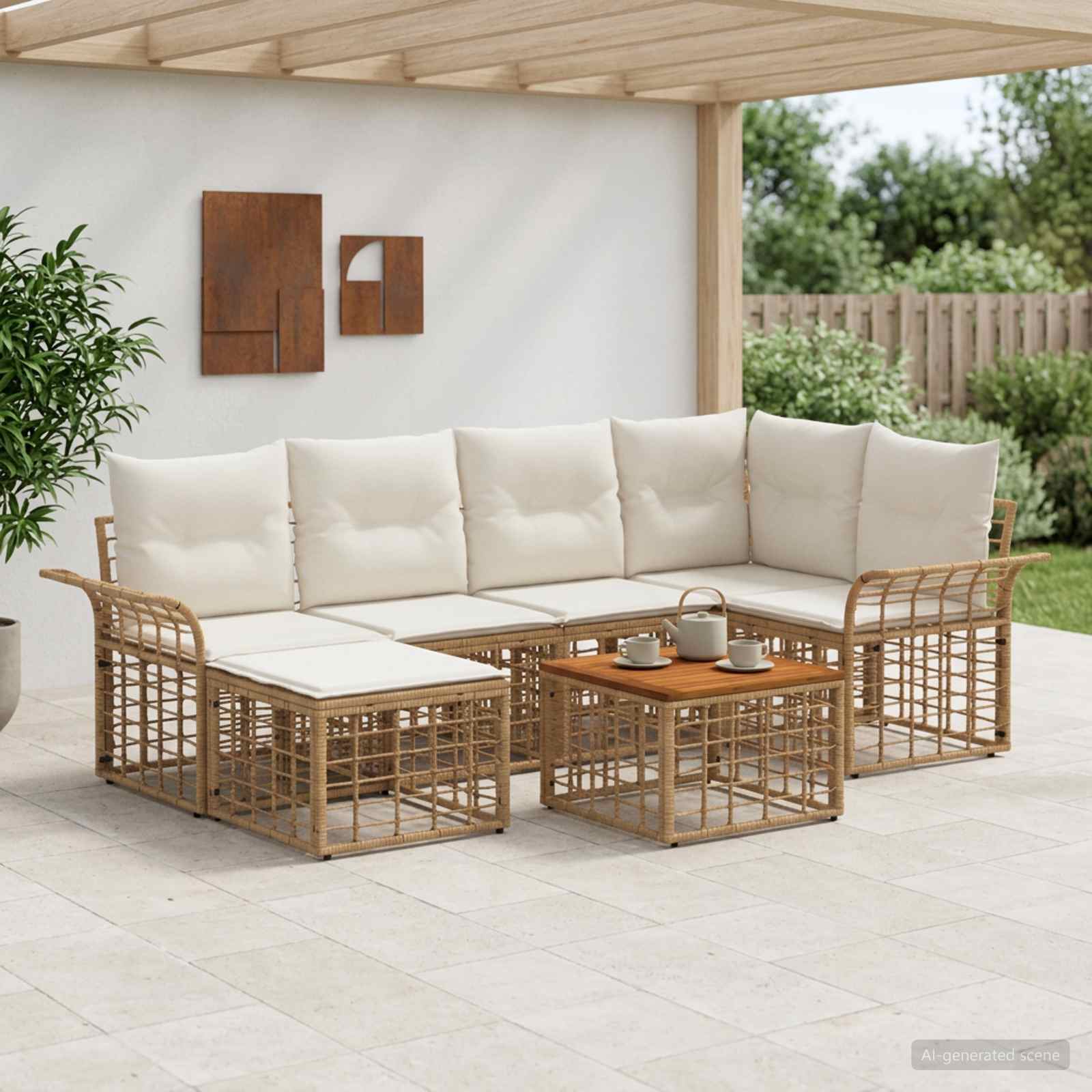 Set di divani da esterno 7 pz 6-Posti Naturale e Bianco Crema