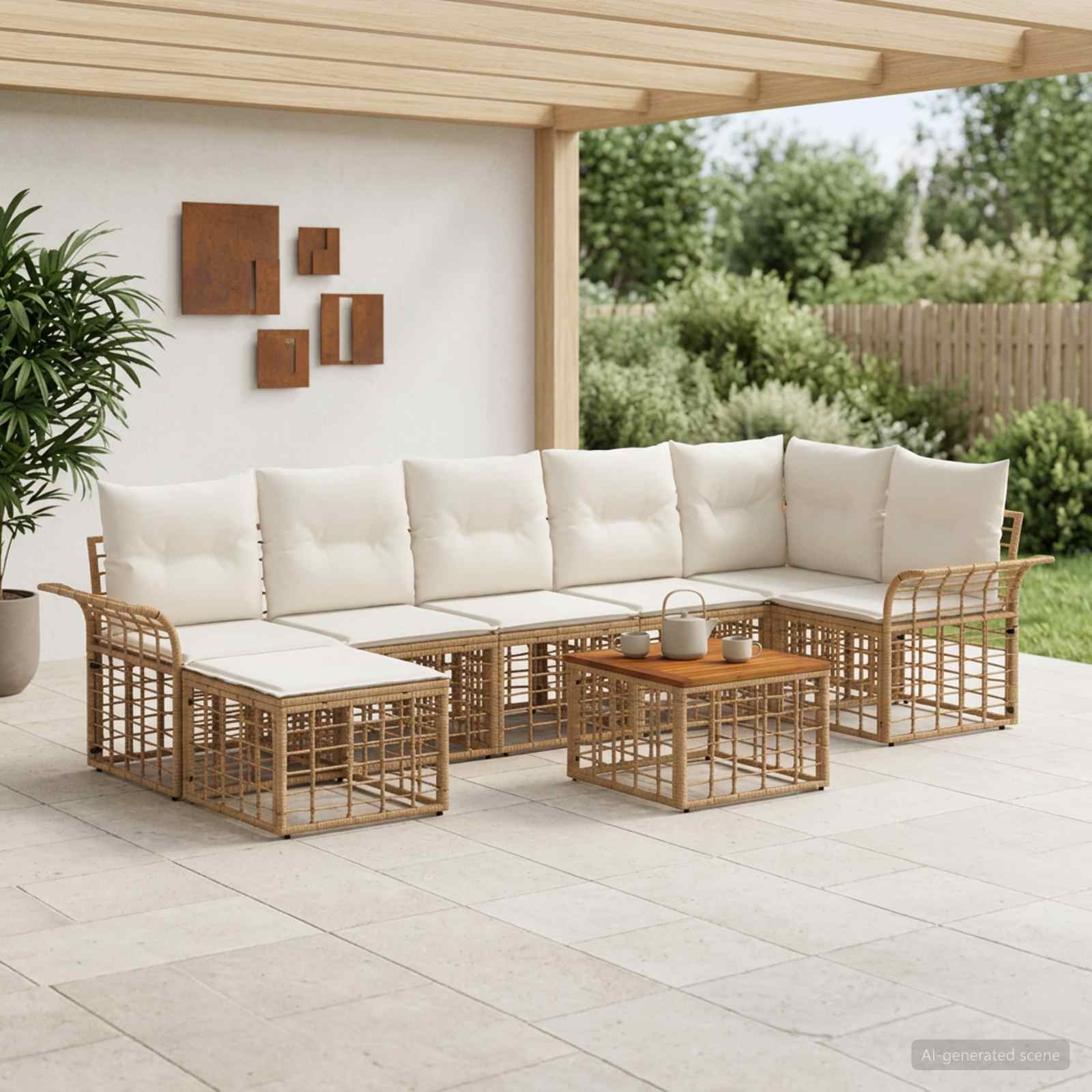 Set di divani da esterno 8 pz 7-Posti Naturale e Bianco Crema