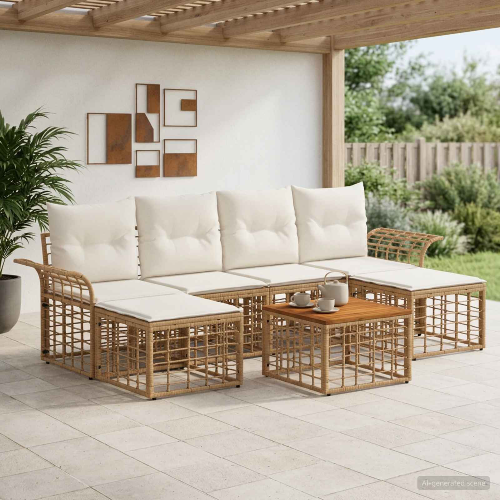 Set di divani da esterno 7 pz 6-Posti Naturale e Bianco Crema