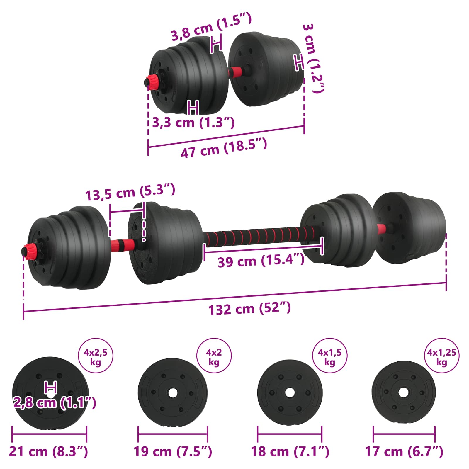 Set di Manubri 2-in-1 40 kg Nero e Rosso