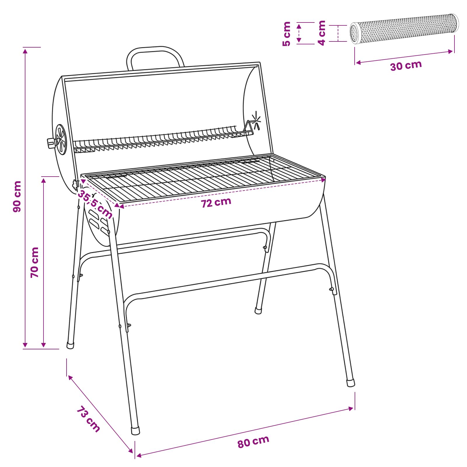 Griglia a Barile con 2 Griglie di Cottura 3 pz 80 x 73 x 90 cm