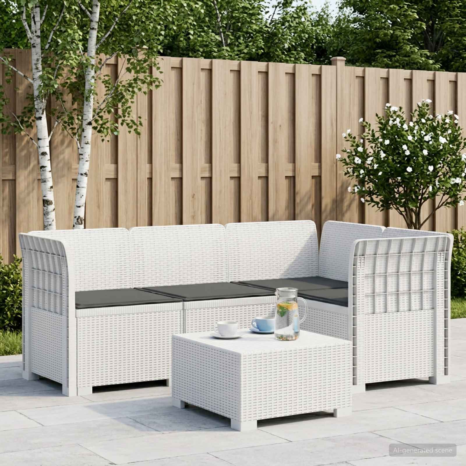 Divano da Giardino 4 Posti con Cuscini Aspetto Rattan PP Bianco
