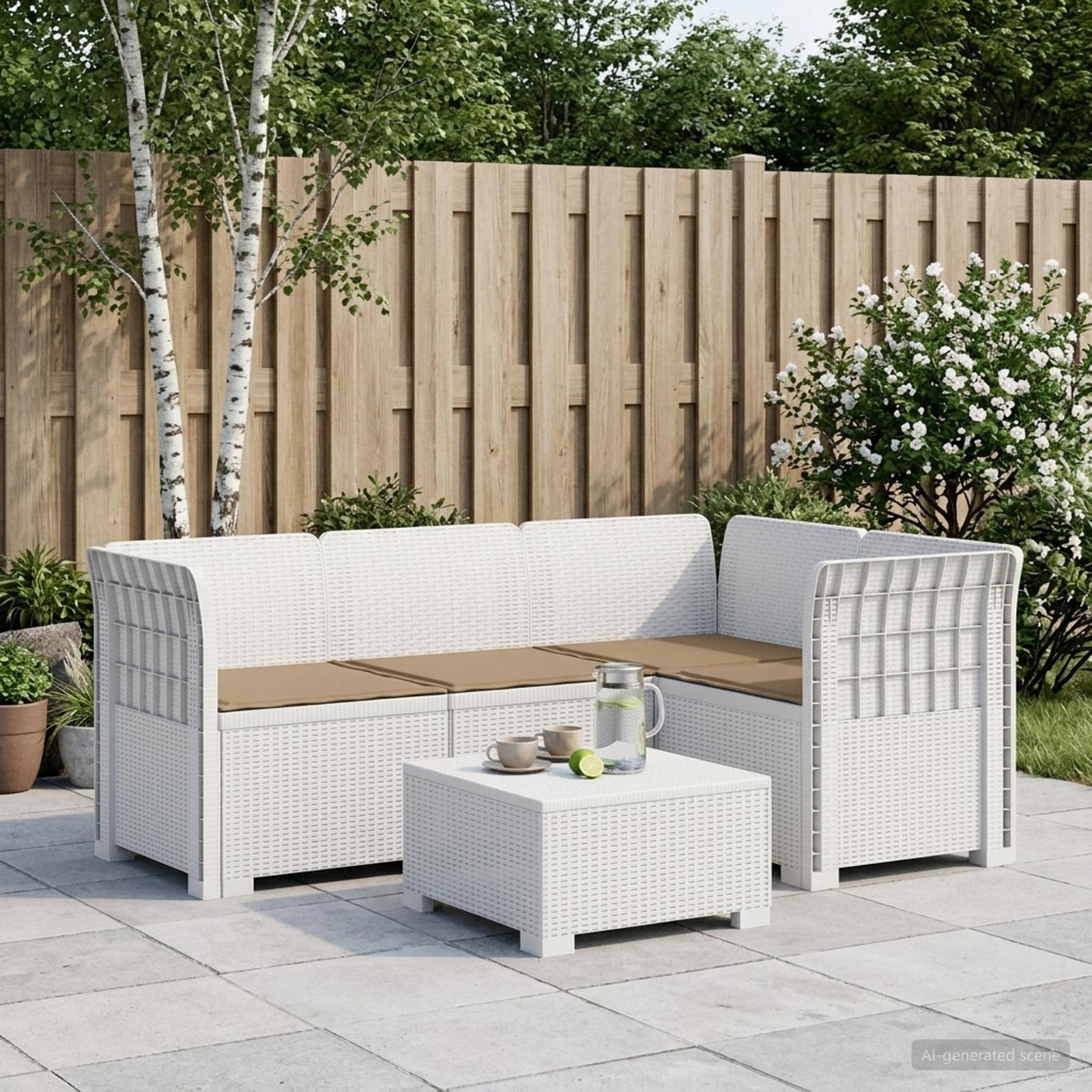 Divano da Giardino 4 Posti con Cuscini Aspetto Rattan PP Bianco