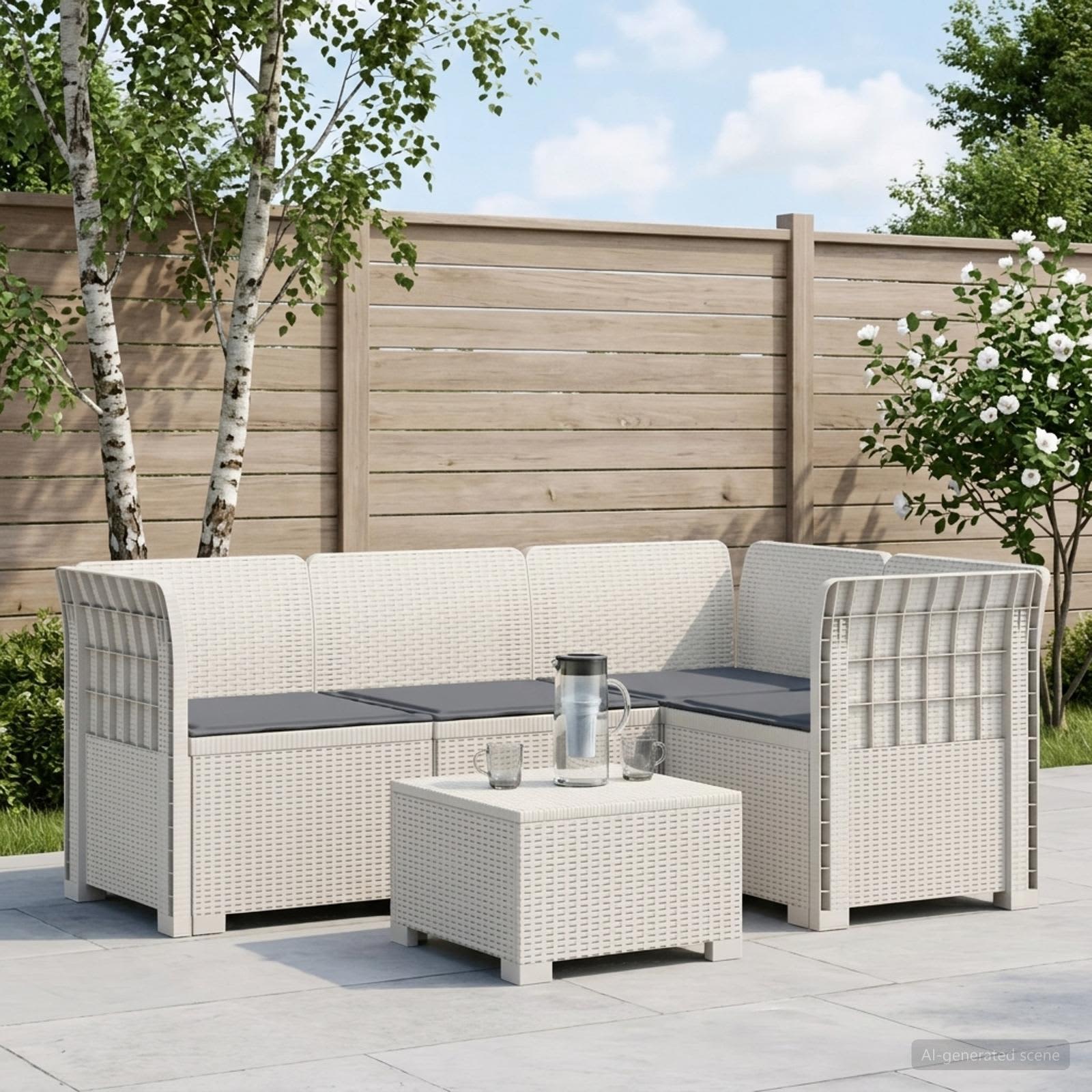 Divano da Giardino 4 Posti con Cuscini Aspetto Rattan PP Bianco