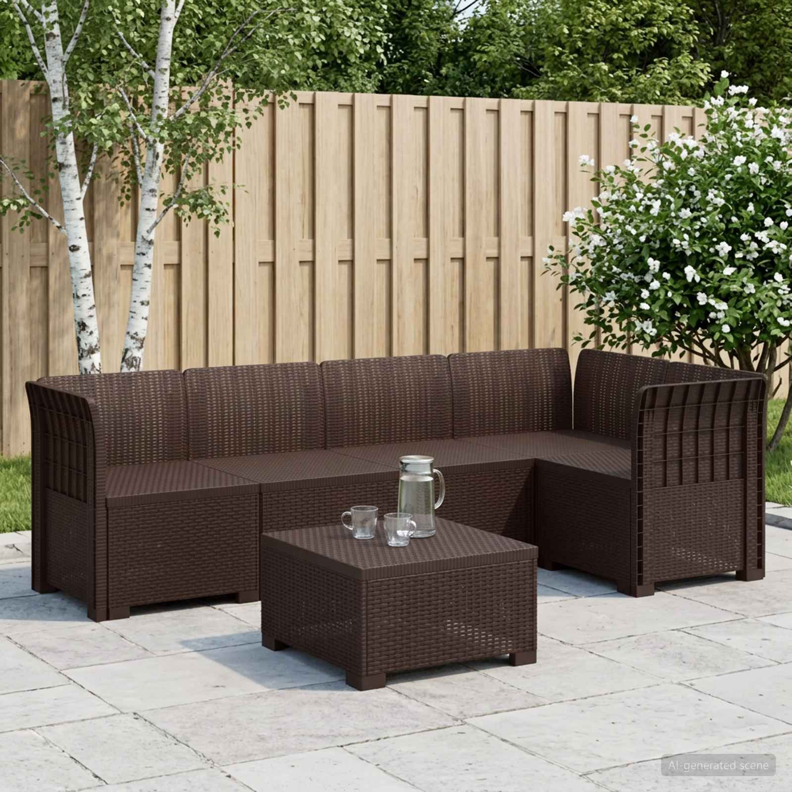 Divano da Giardino 5 Posti Stile Rattan PP Marrone