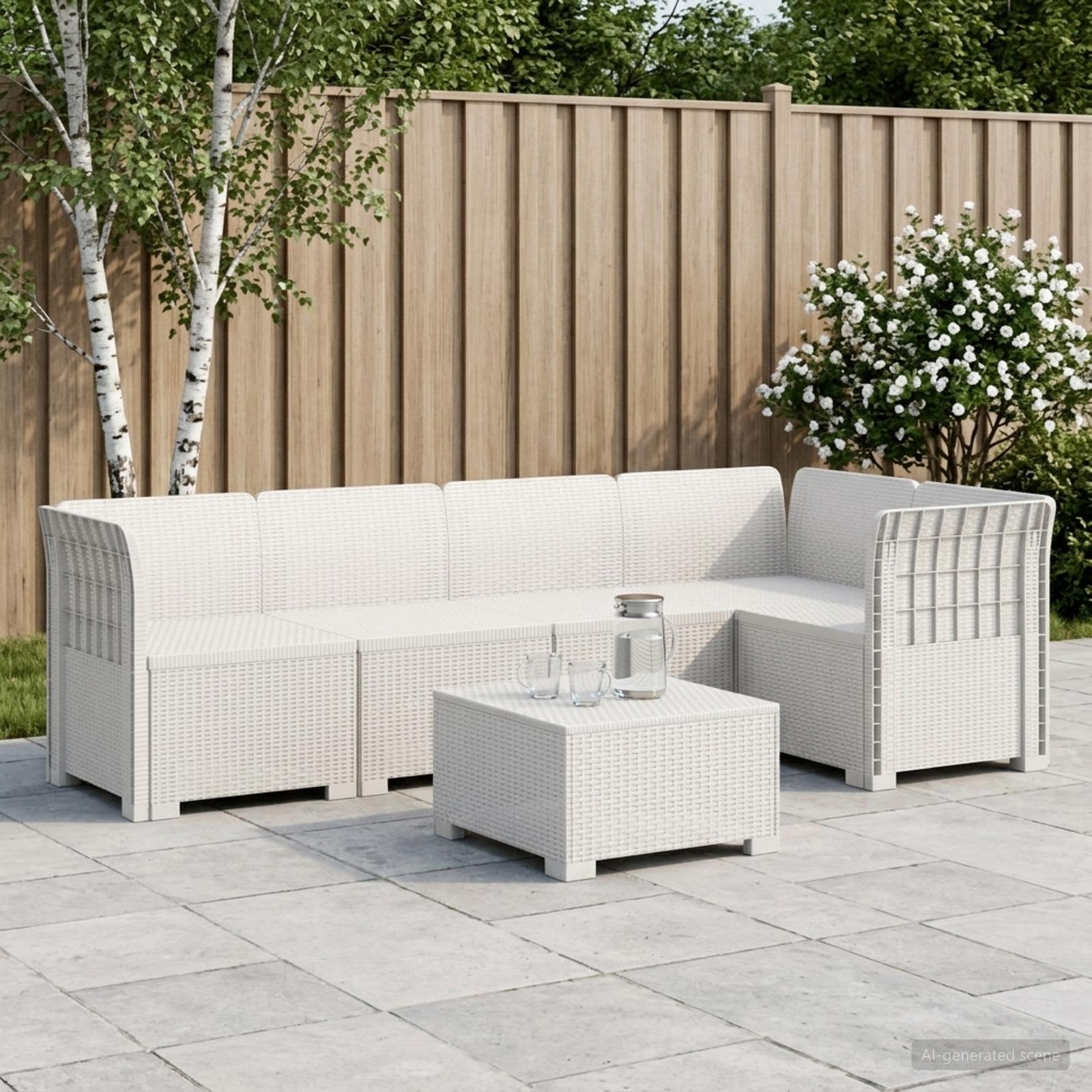 Divano da Giardino 5 Posti Stile Rattan PP Bianco