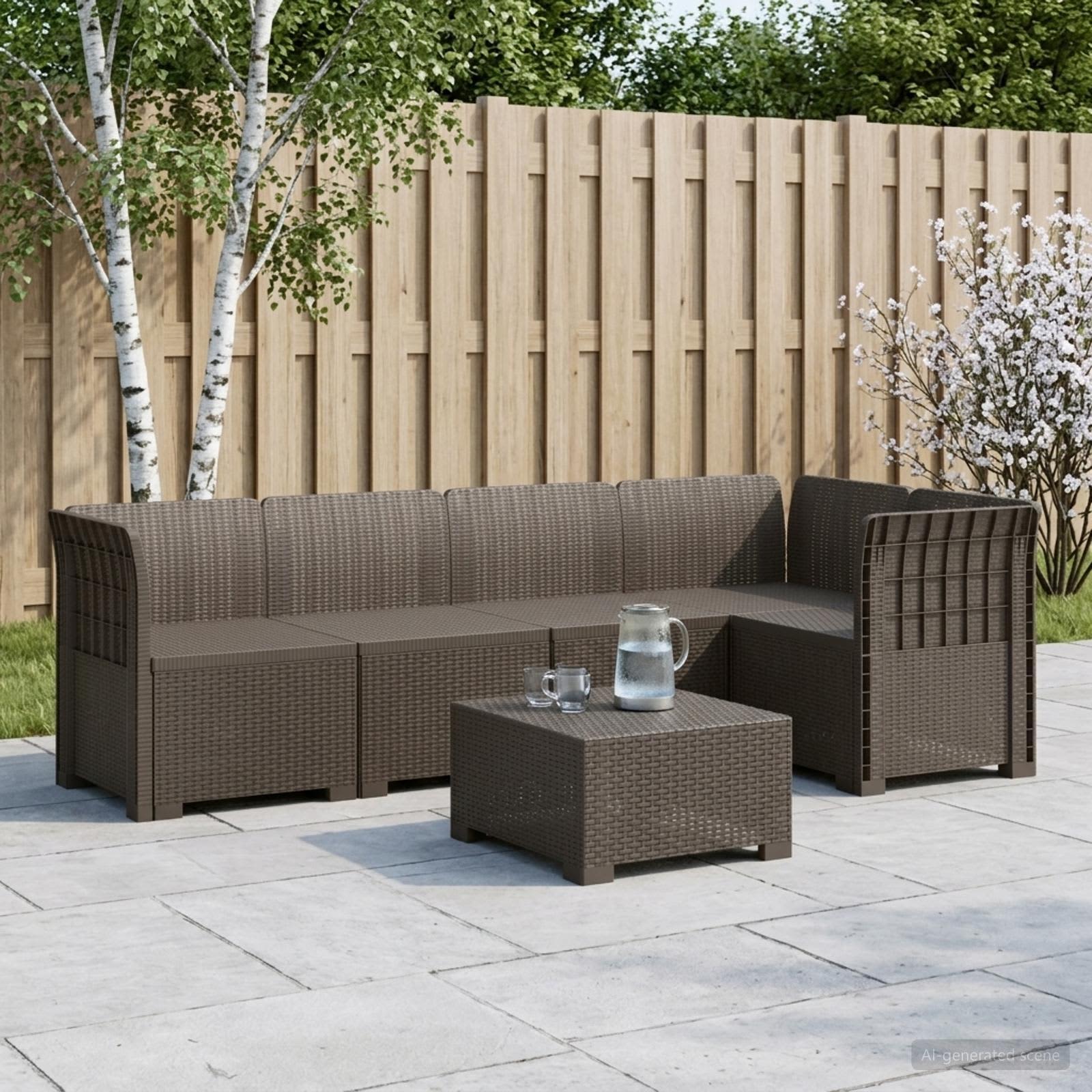 Divano da Giardino 5 Posti Stile Rattan PP Grigio Chiaro