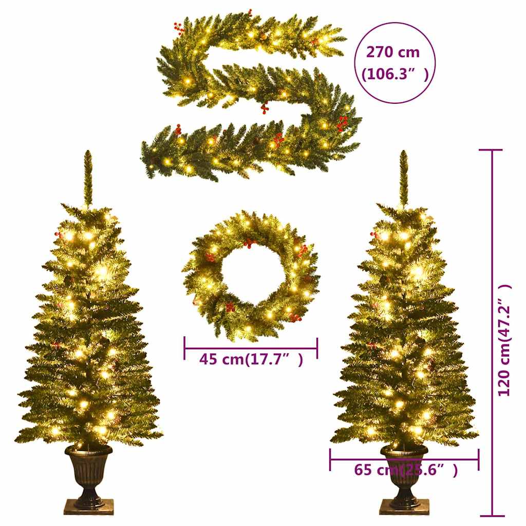 Alberi di Natale Artificiali 2 pz con Corona, Ghirlanda e LED