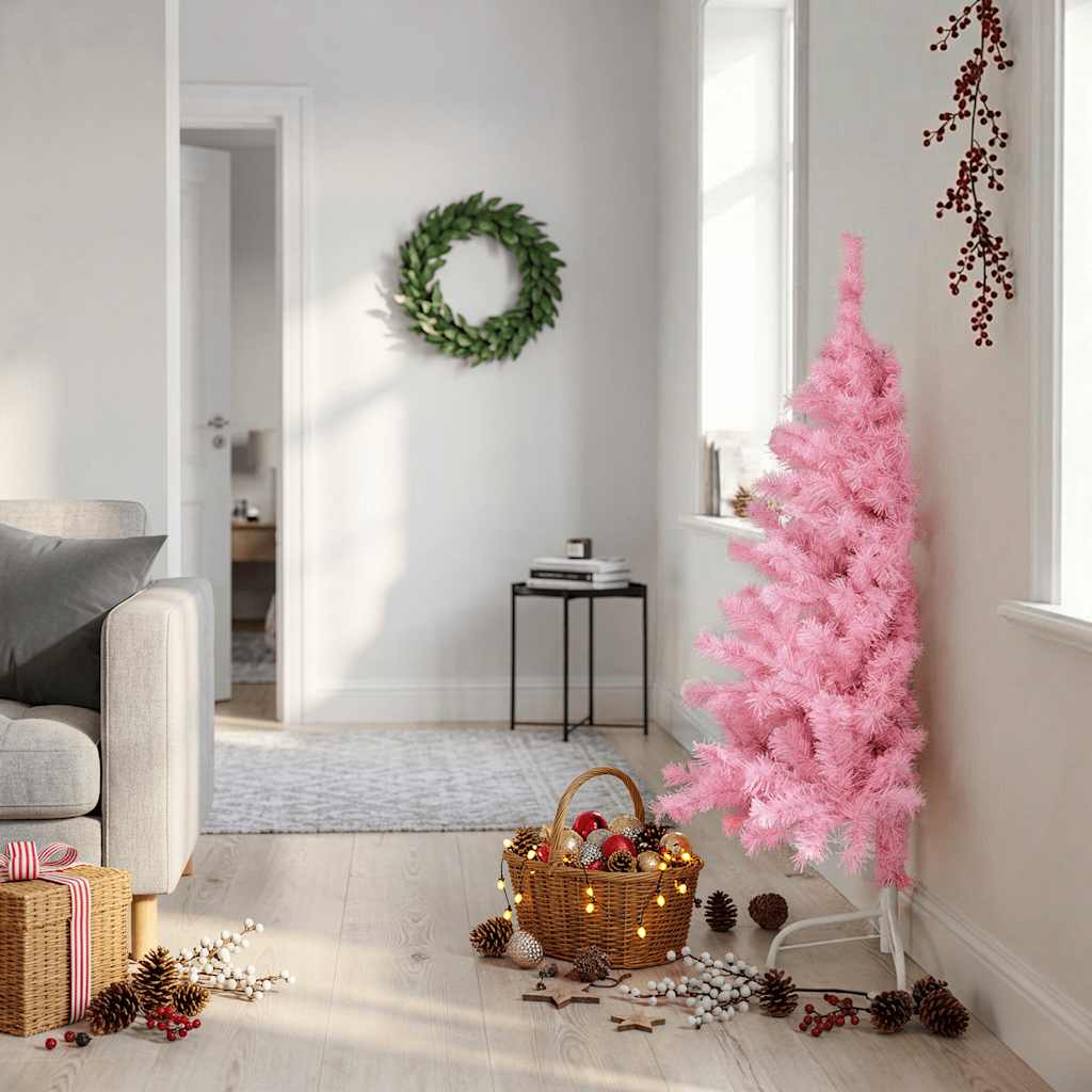 Albero di Natale Artificiale a Metà con Supporto Rosa 120cm PVC