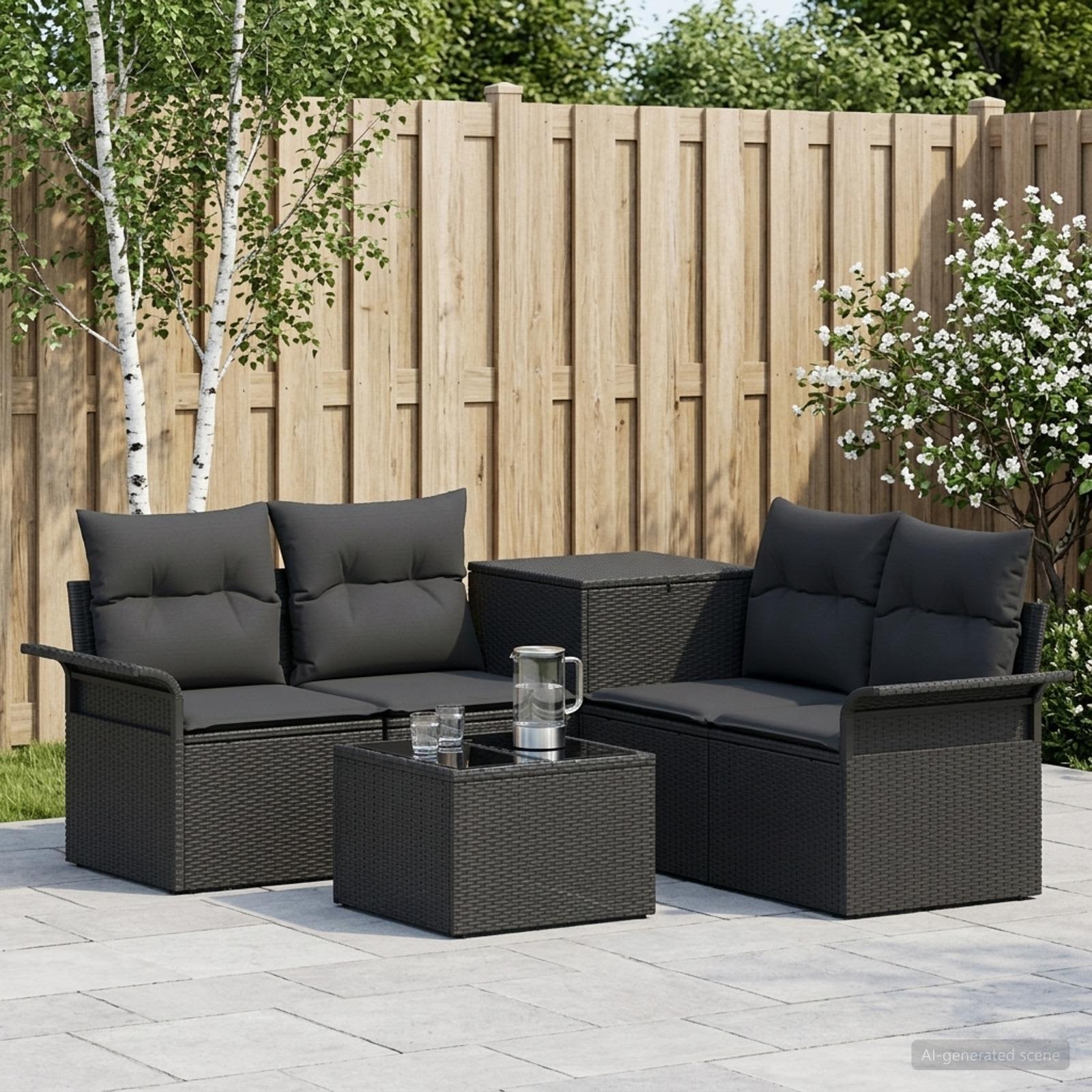 Set di divani 6 pz 4 posto Nero Rattan sintetico e Acciaio