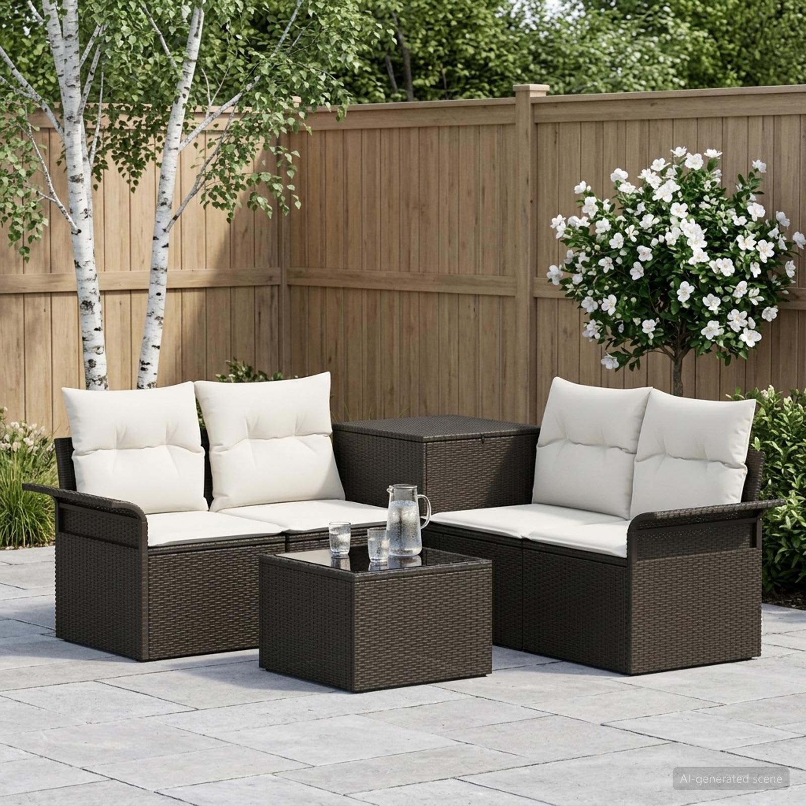 Set di divani 6 pz 4 posto Nero e Bianco Crema