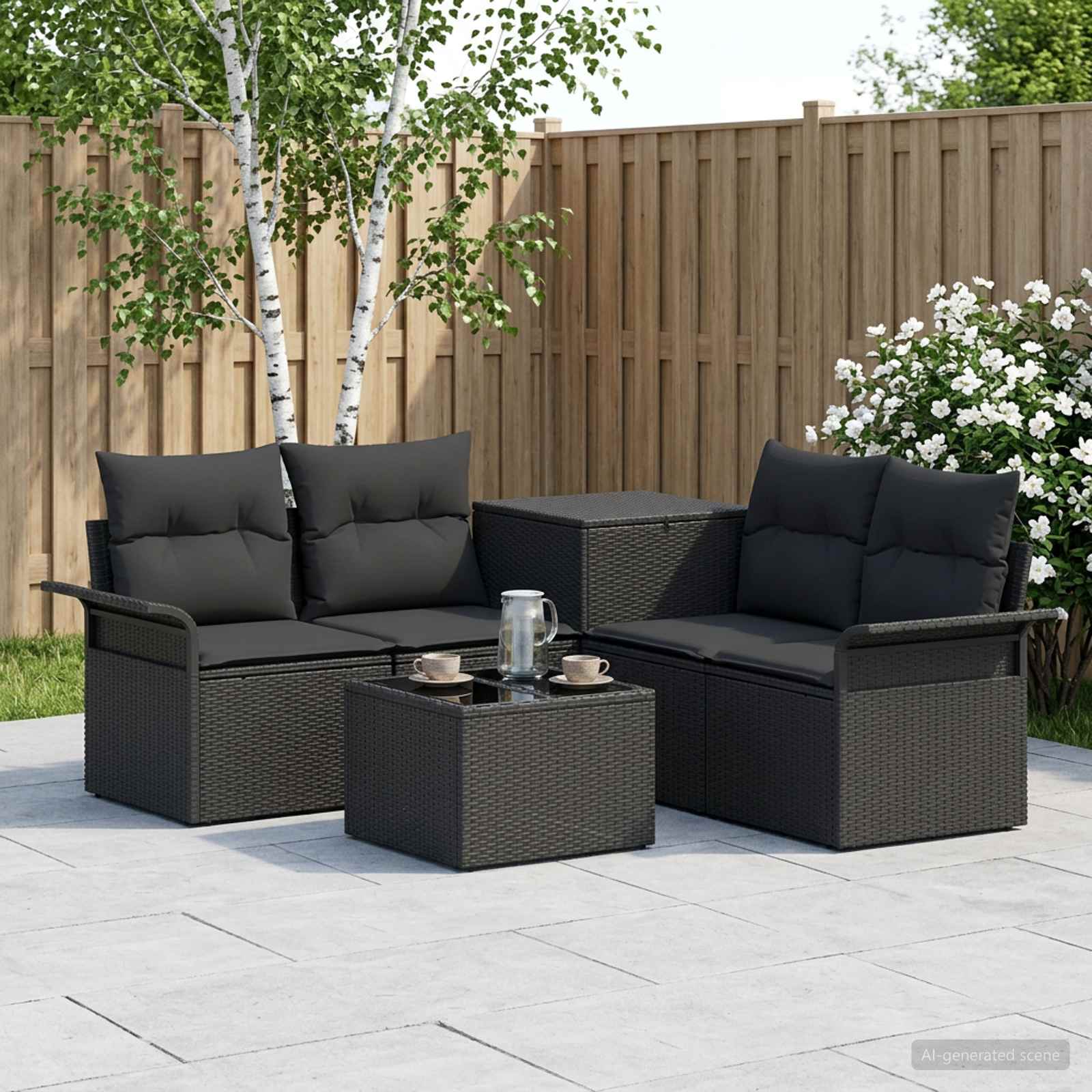 Set di divani 6 pz 4 posto Nero Rattan sintetico e Acciaio