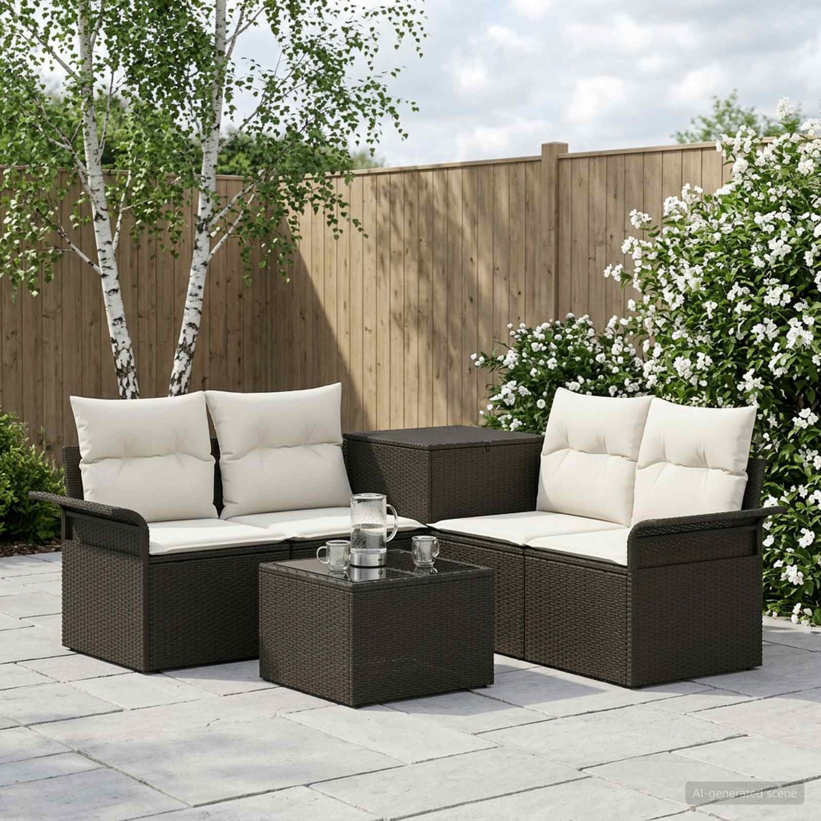 Set di divani 6 pz 4 posto Nero e Bianco Crema