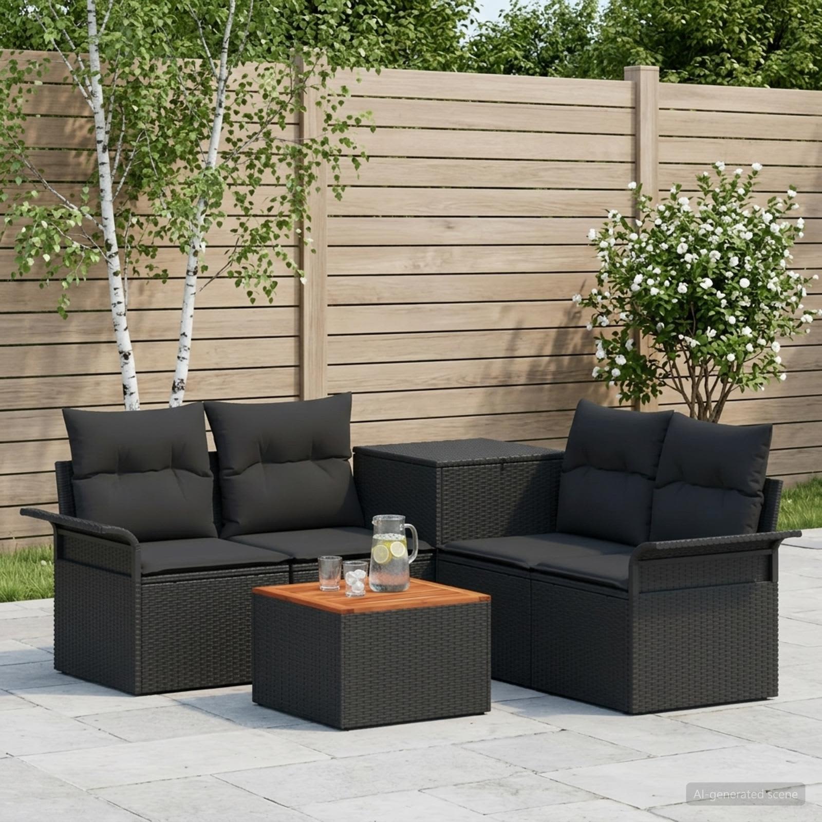 Set di divani 6 pz 4 posto Nero Rattan sintetico e Acciaio