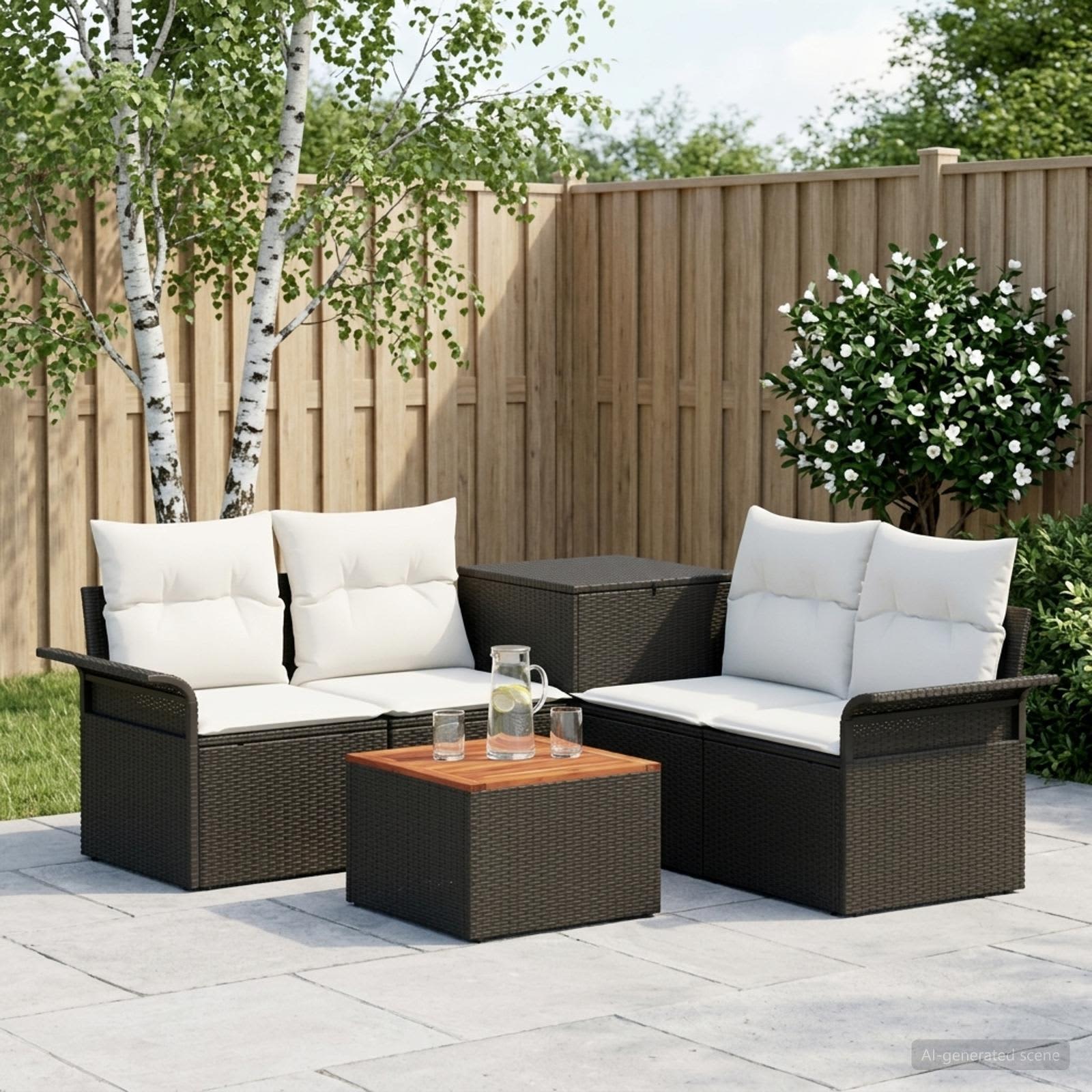 Set di divani 6 pz 4 posto Nero e Bianco Crema