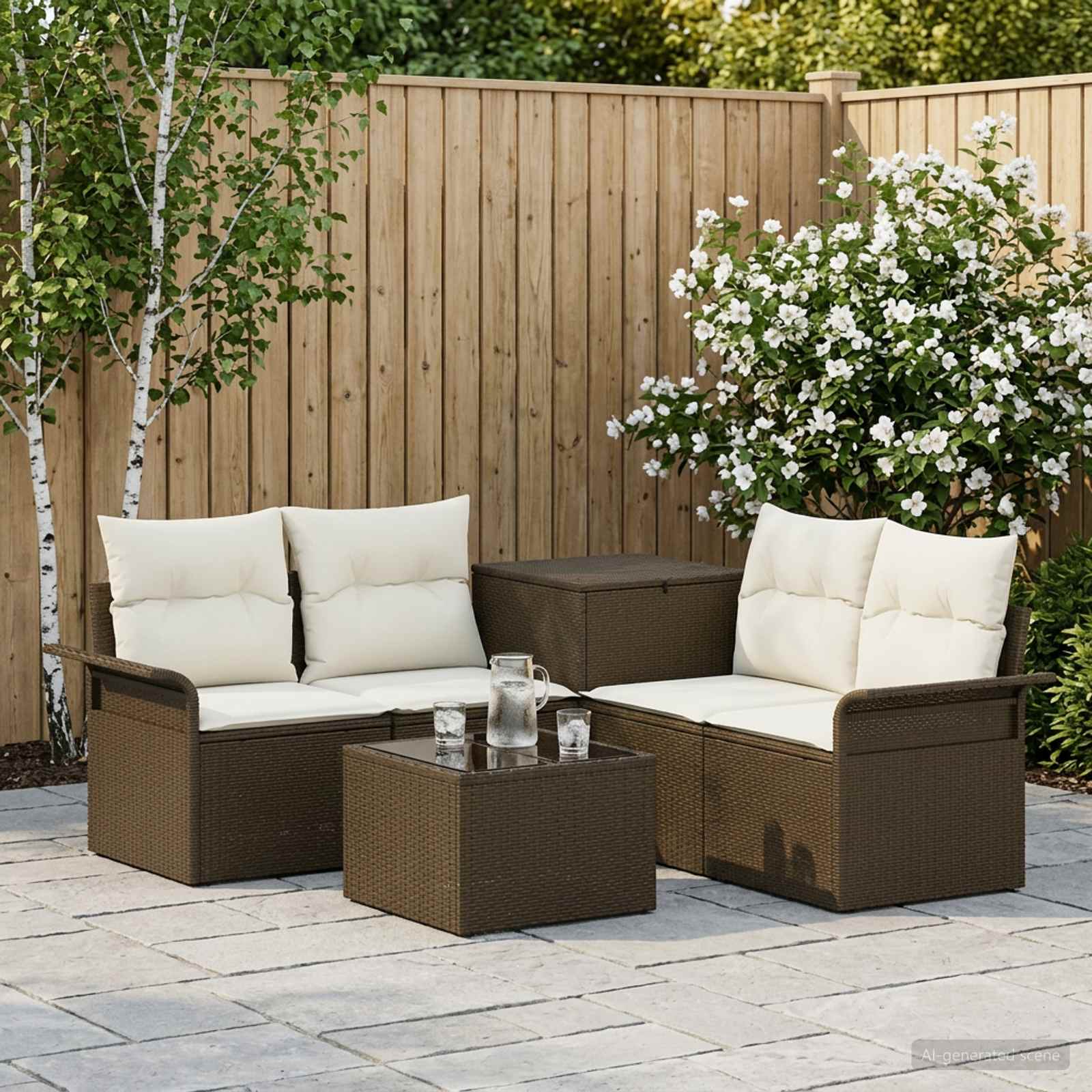 Set di divani 6 pz 4 posto Marrone e Bianco Crema