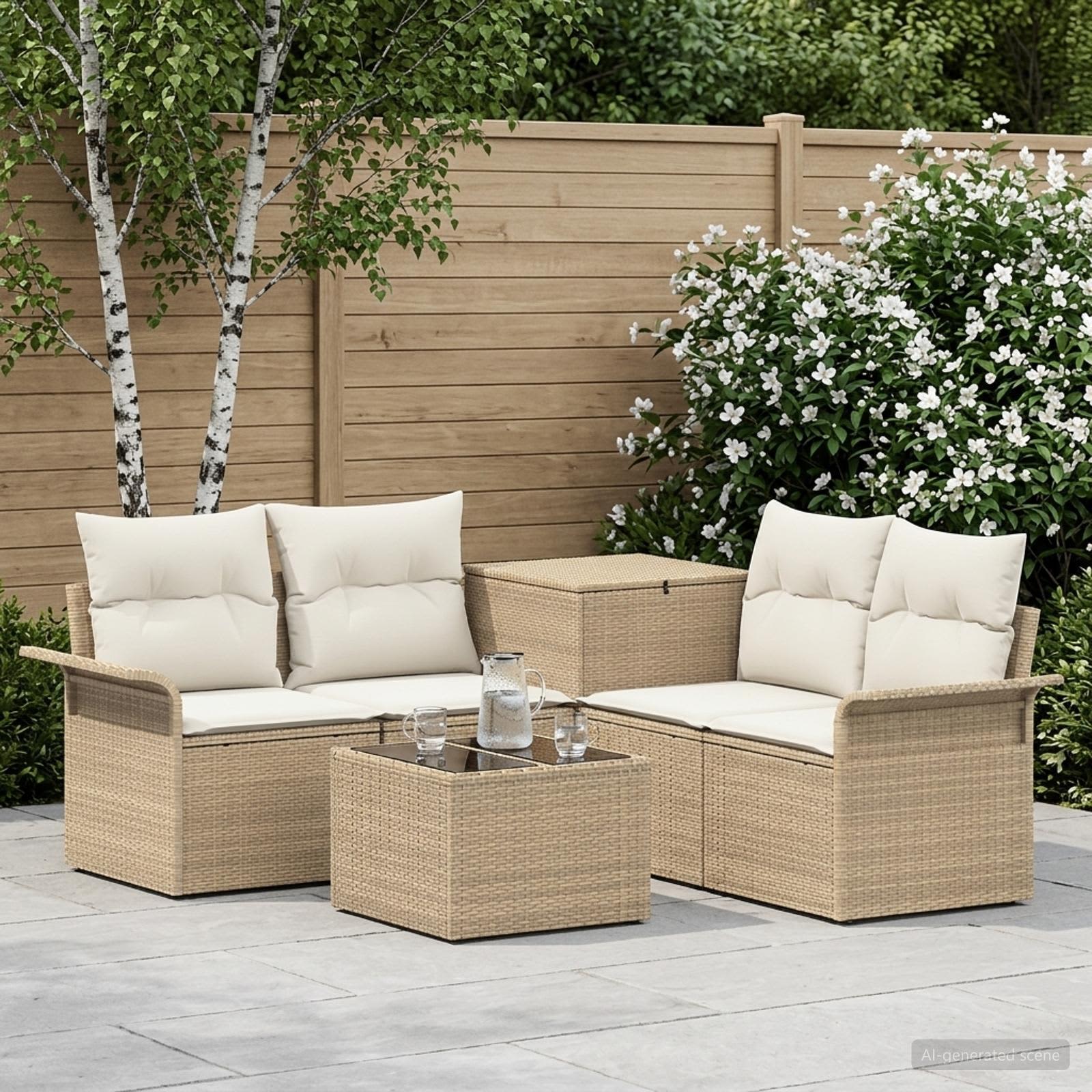 Set di divani 6 pz 4 posto Beige e Bianco Crema