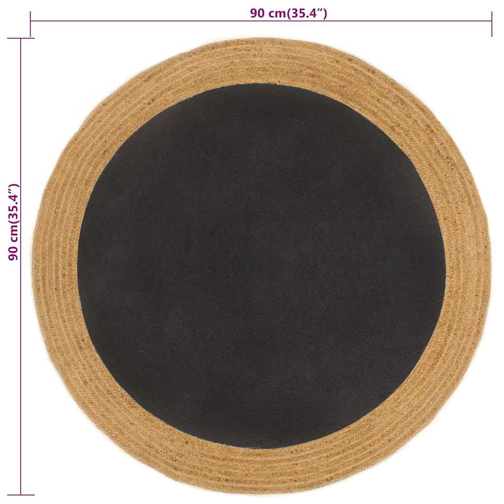 Tappeto Intrecciato Nero e Naturale 90 cm Juta e Cotone Rotondo